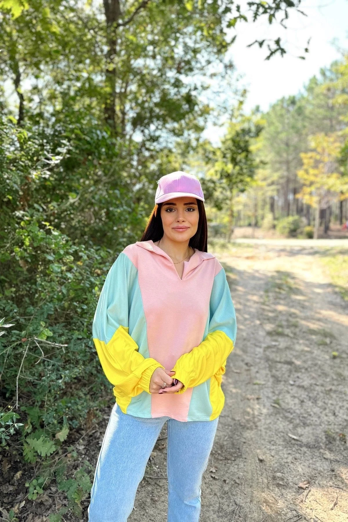 Kadın Pembe Polo Yaka, Yarasa Kol, Lastikli Manşet, Asimetrik Color Block, Salaş Sweatshirt Bluz