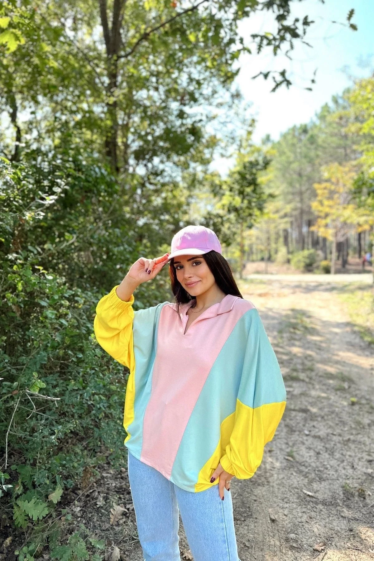 Kadın Pembe Polo Yaka, Yarasa Kol, Lastikli Manşet, Asimetrik Color Block, Salaş Sweatshirt Bluz