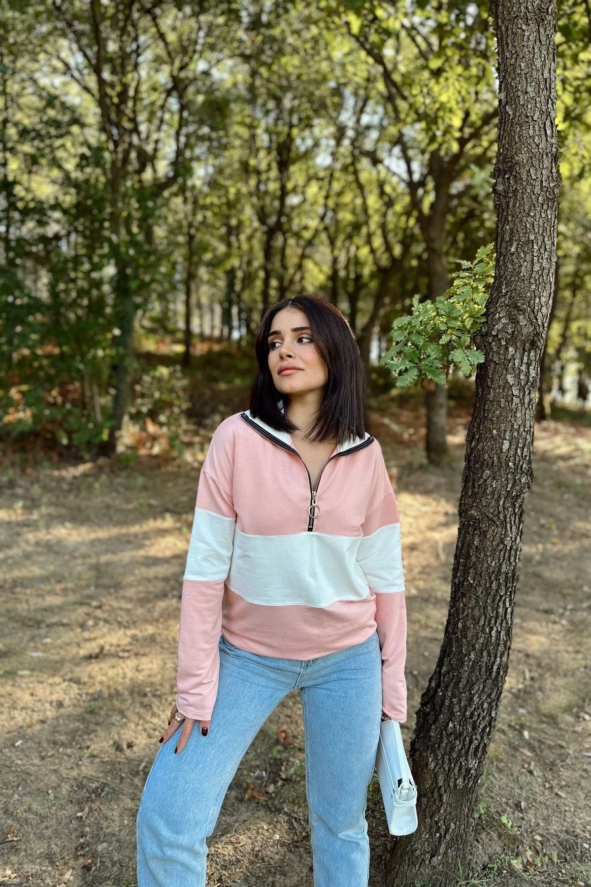 Kadın Pembe Uzun Kol, Dik Yaka, Fermuarlı, Double Color Block Basic Sweatshirt Bluz