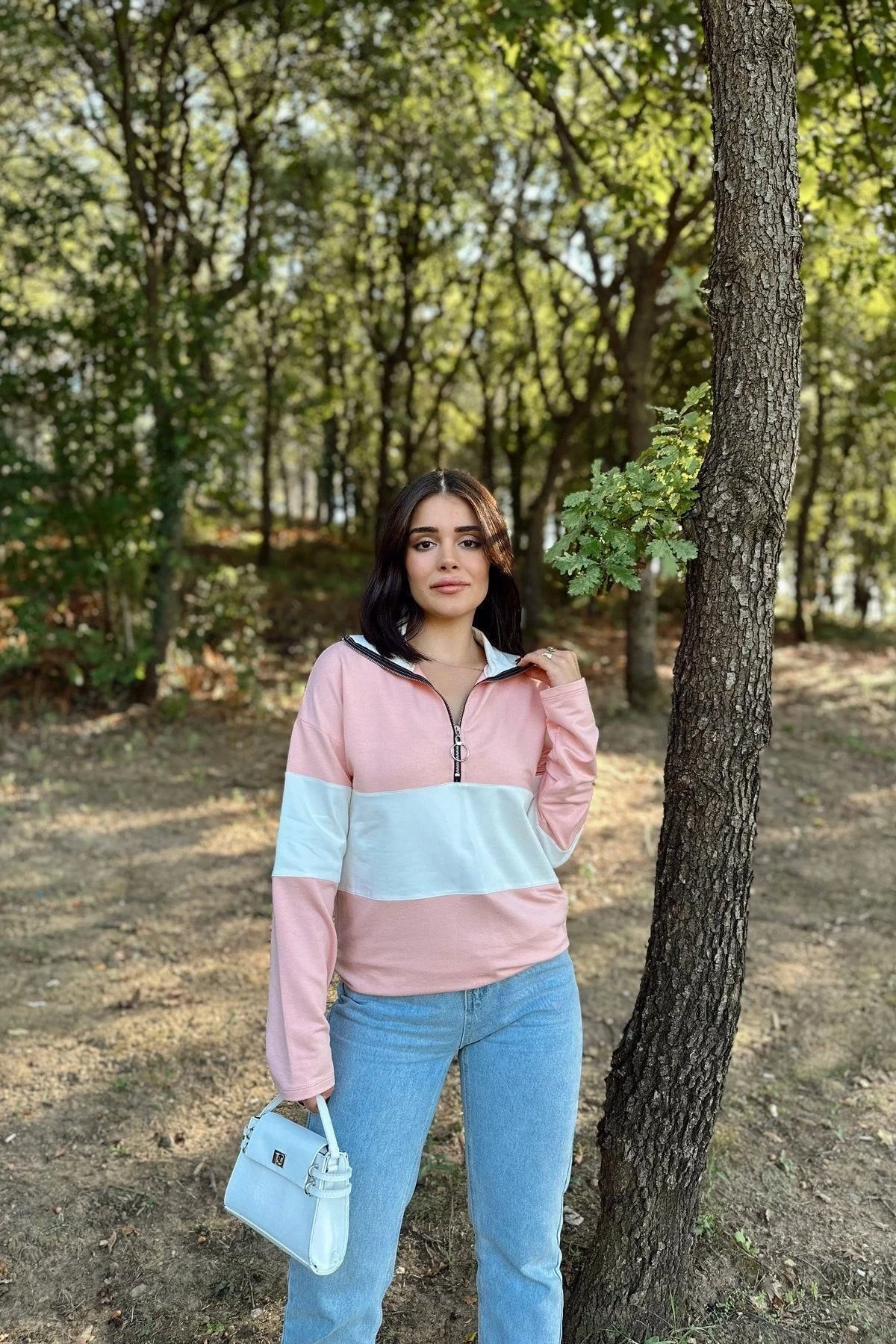 Kadın Pembe Uzun Kol, Dik Yaka, Fermuarlı, Double Color Block Basic Sweatshirt Bluz