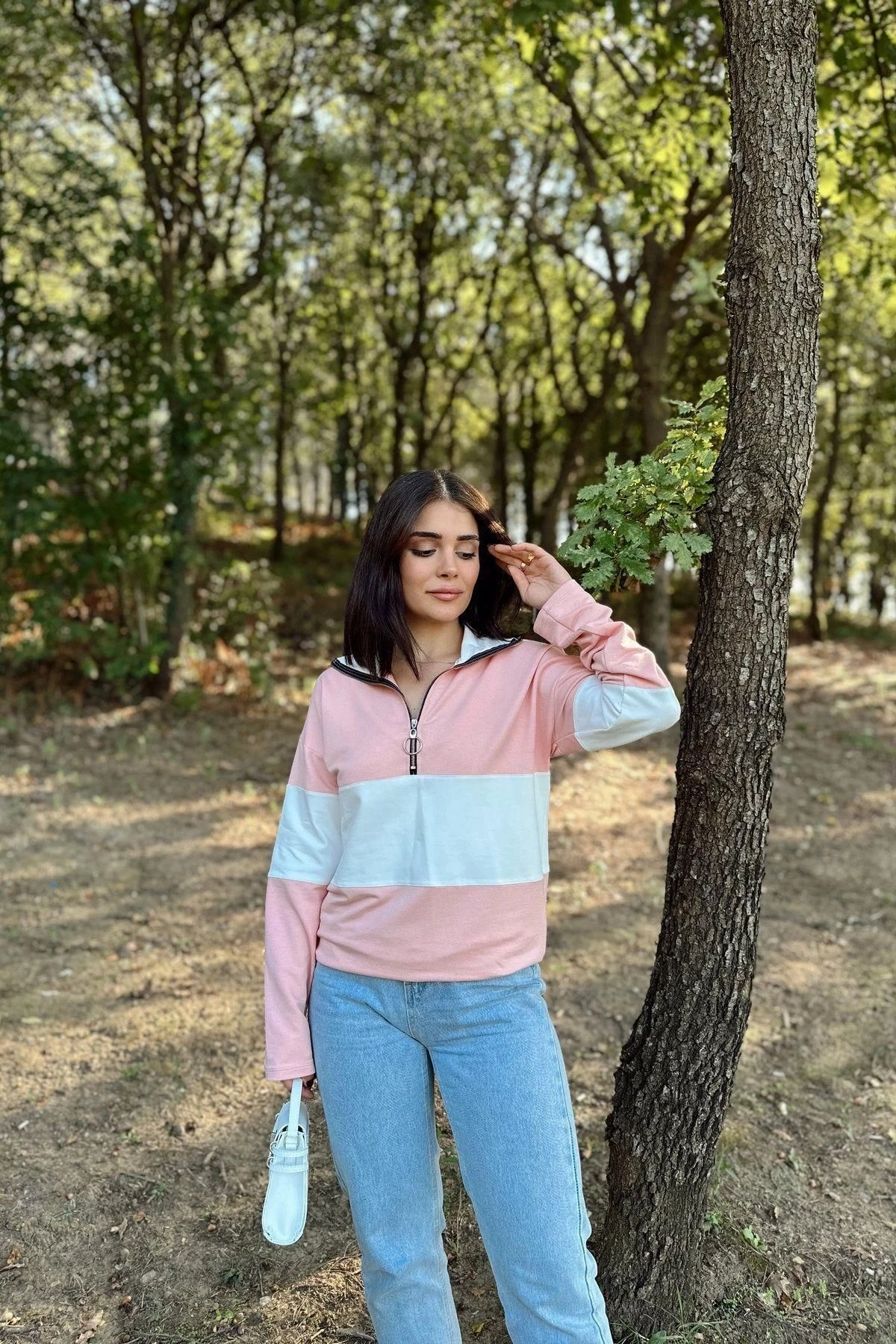 Kadın Pembe Uzun Kol, Dik Yaka, Fermuarlı, Double Color Block Basic Sweatshirt Bluz