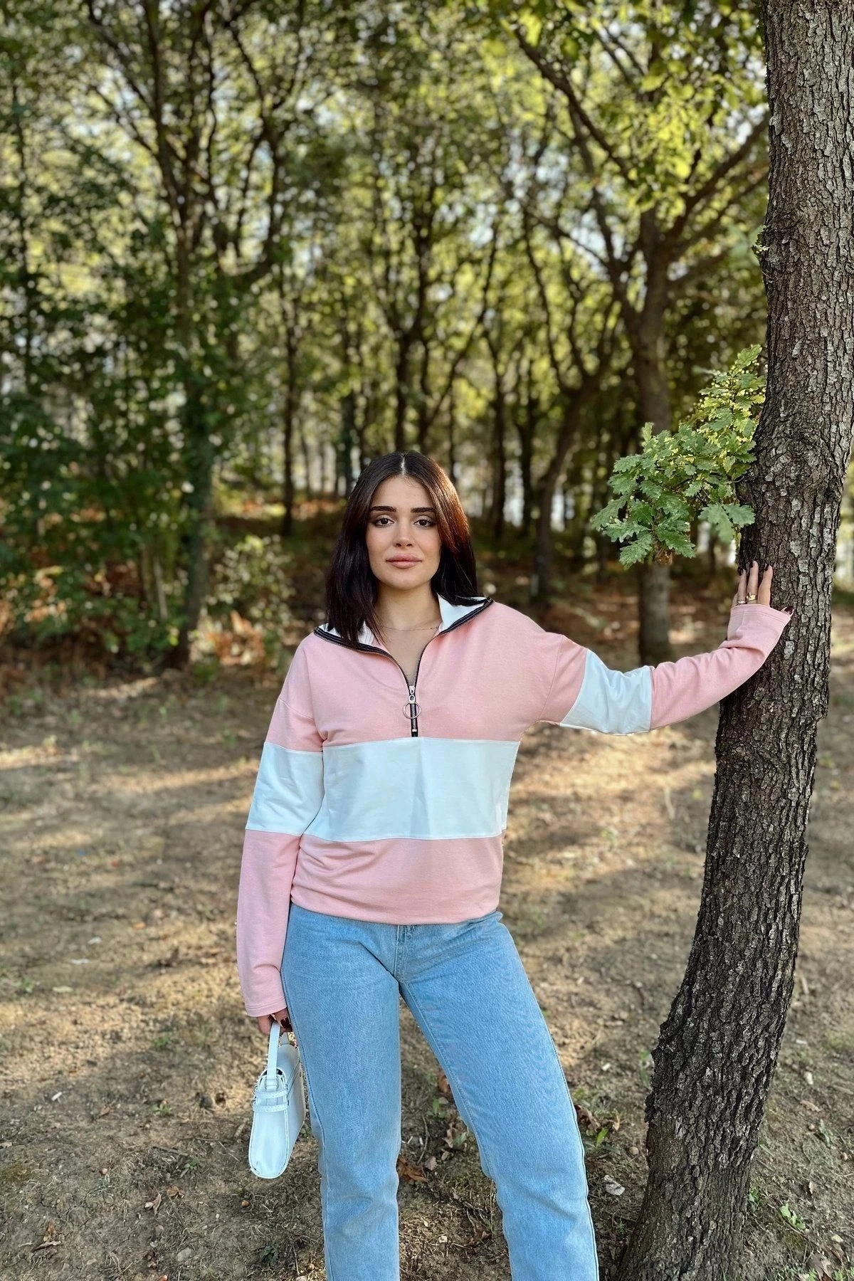 Kadın Pembe Uzun Kol, Dik Yaka, Fermuarlı, Double Color Block Basic Sweatshirt Bluz