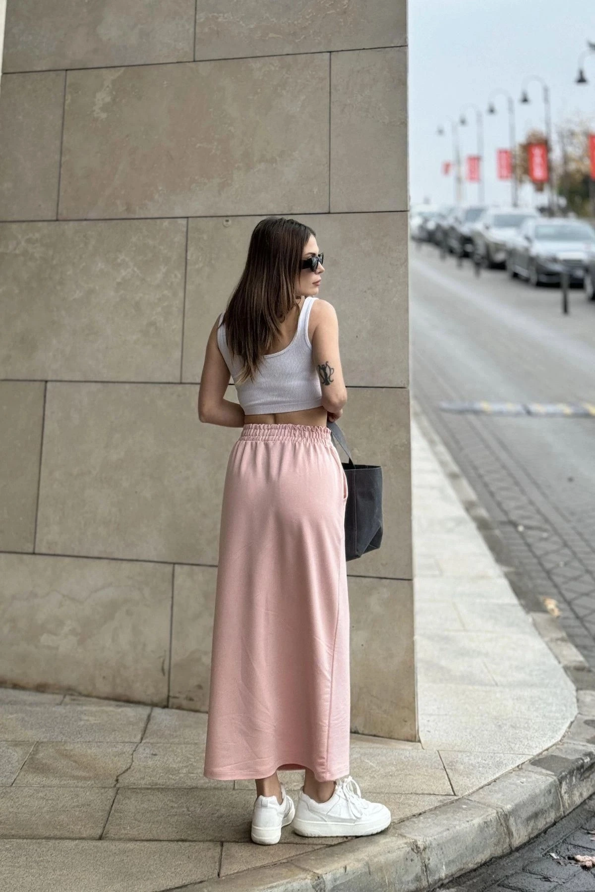 Kadın Pudra Beli Lastikli, Rahat Kalıp, Cepli Uzun Etek