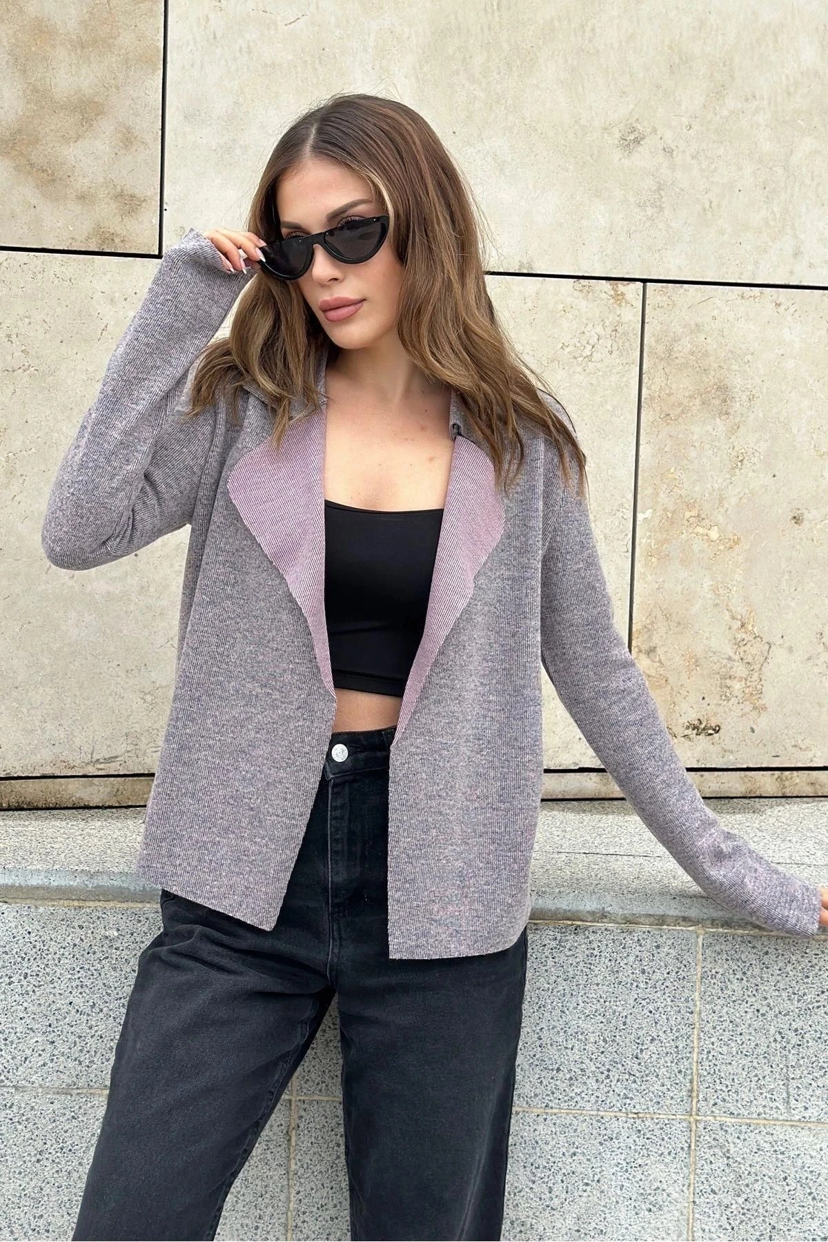 Kadın Pudra Uzun Kol, Yumuşak Dokulu, Çift Taraflı Yaka, Hırka Ceket