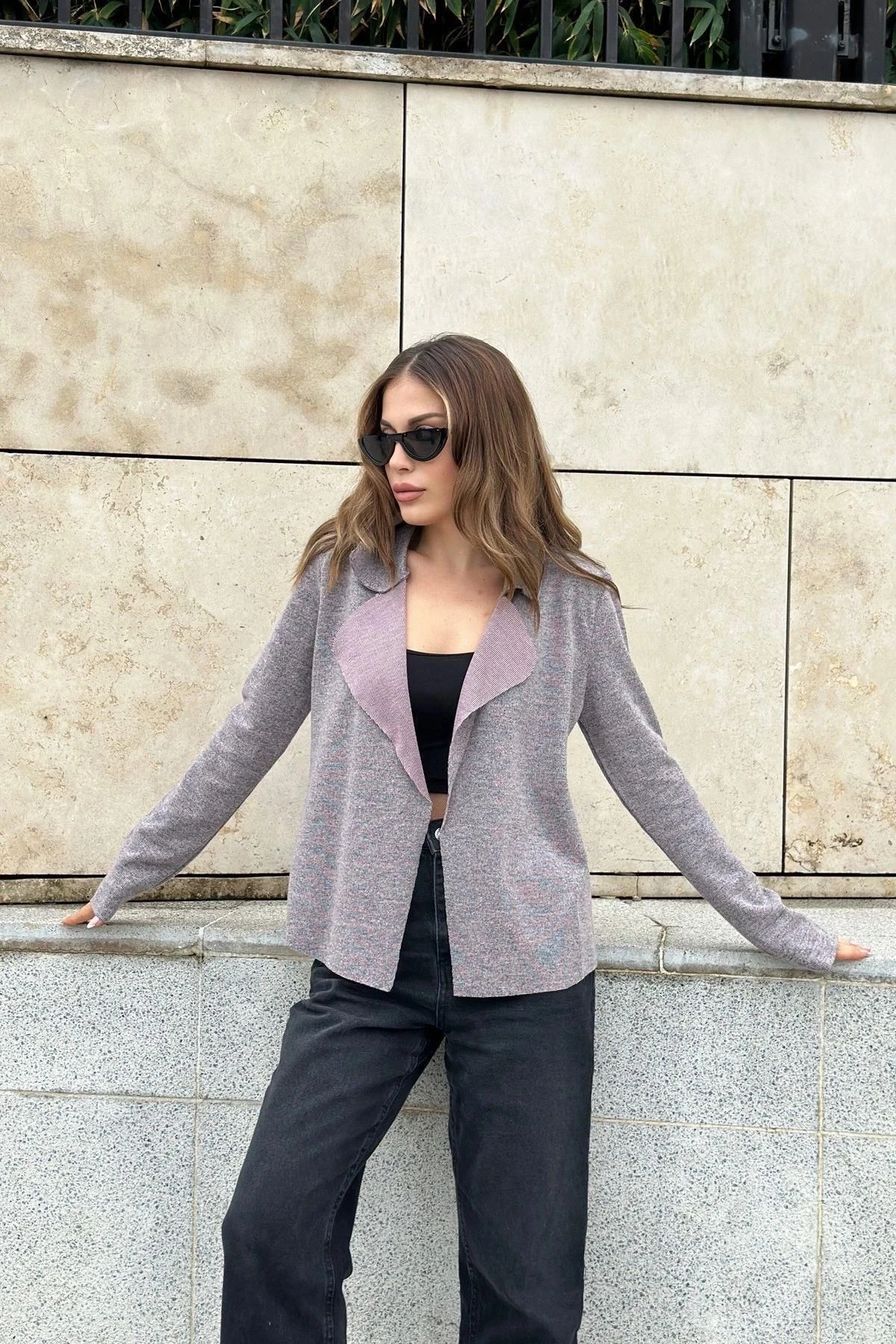 Kadın Pudra Uzun Kol, Yumuşak Dokulu, Çift Taraflı Yaka, Hırka Ceket