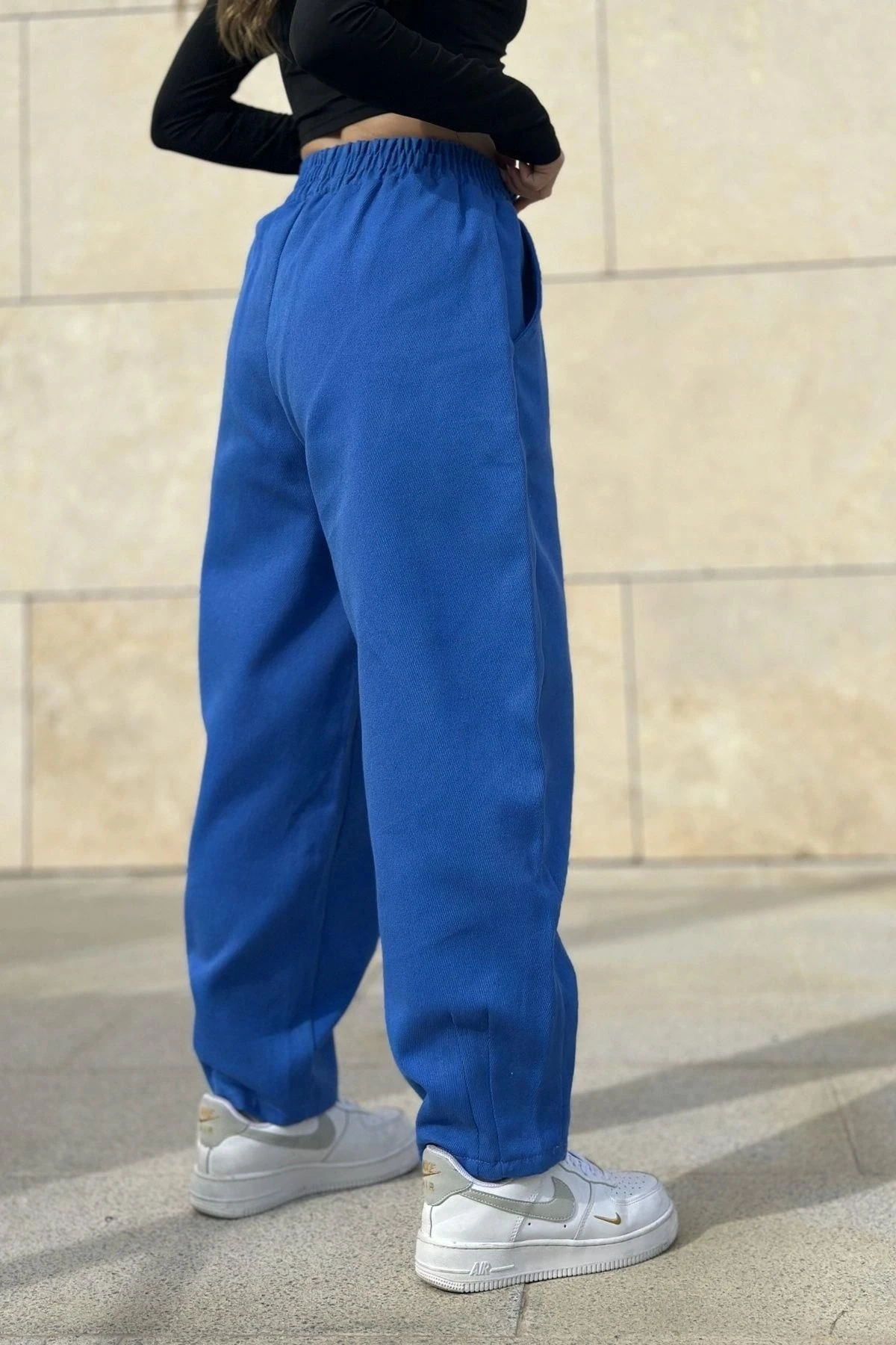 Kadın Saks Yüksek Bel, Cepli, Beli Lastikli, Salaş Gabardin Pantolon