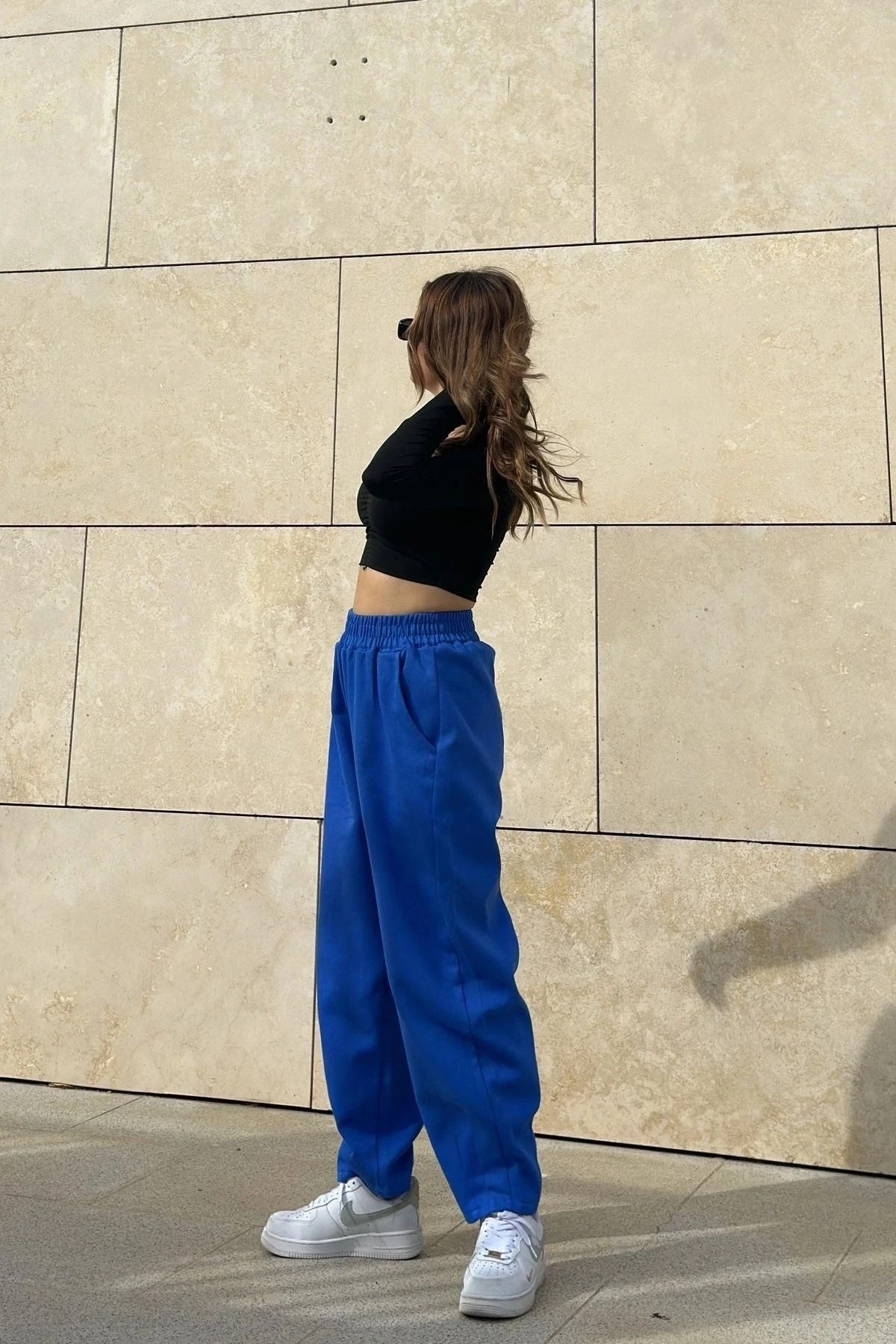 Kadın Saks Yüksek Bel, Cepli, Beli Lastikli, Salaş Gabardin Pantolon