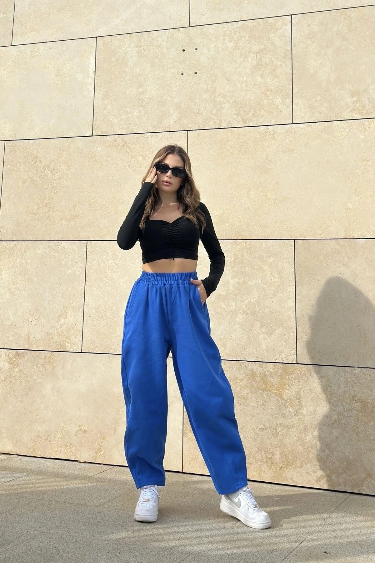 Kadın Saks Yüksek Bel, Cepli, Beli Lastikli, Salaş Gabardin Pantolon