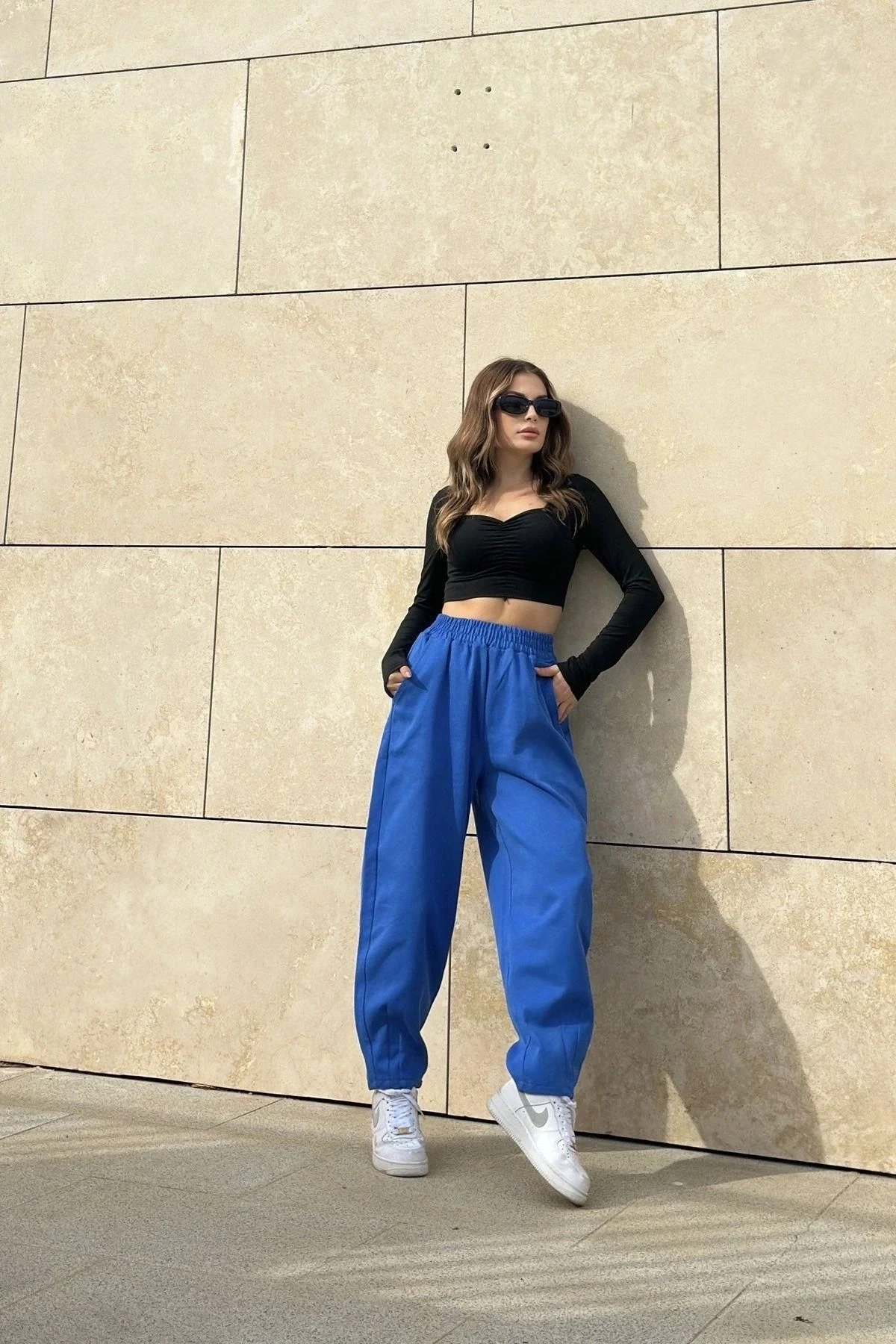 Kadın Saks Yüksek Bel, Cepli, Beli Lastikli, Salaş Gabardin Pantolon