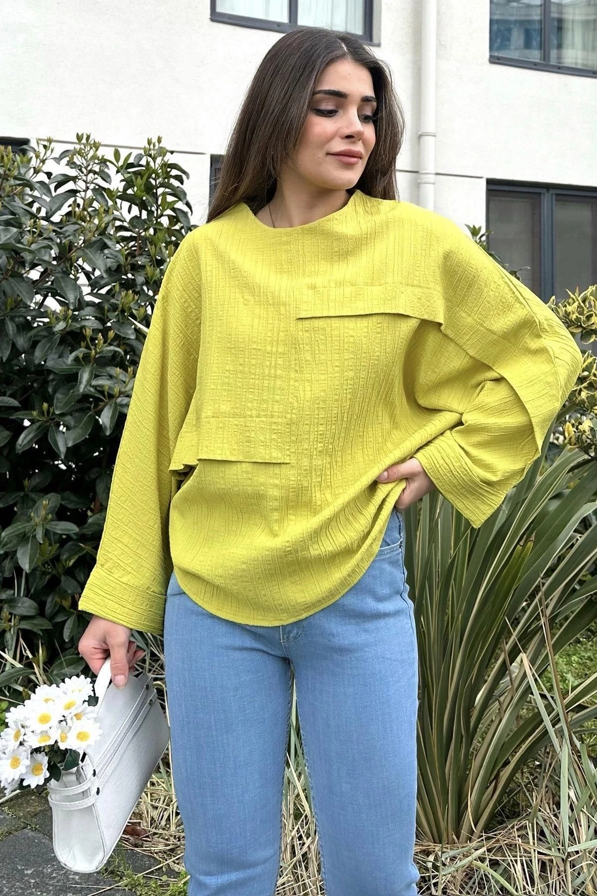 Kadın sarı Duble Geniş Manşet, Yarasa Kol, Süs Cep Detaylı, Salaş Bluz