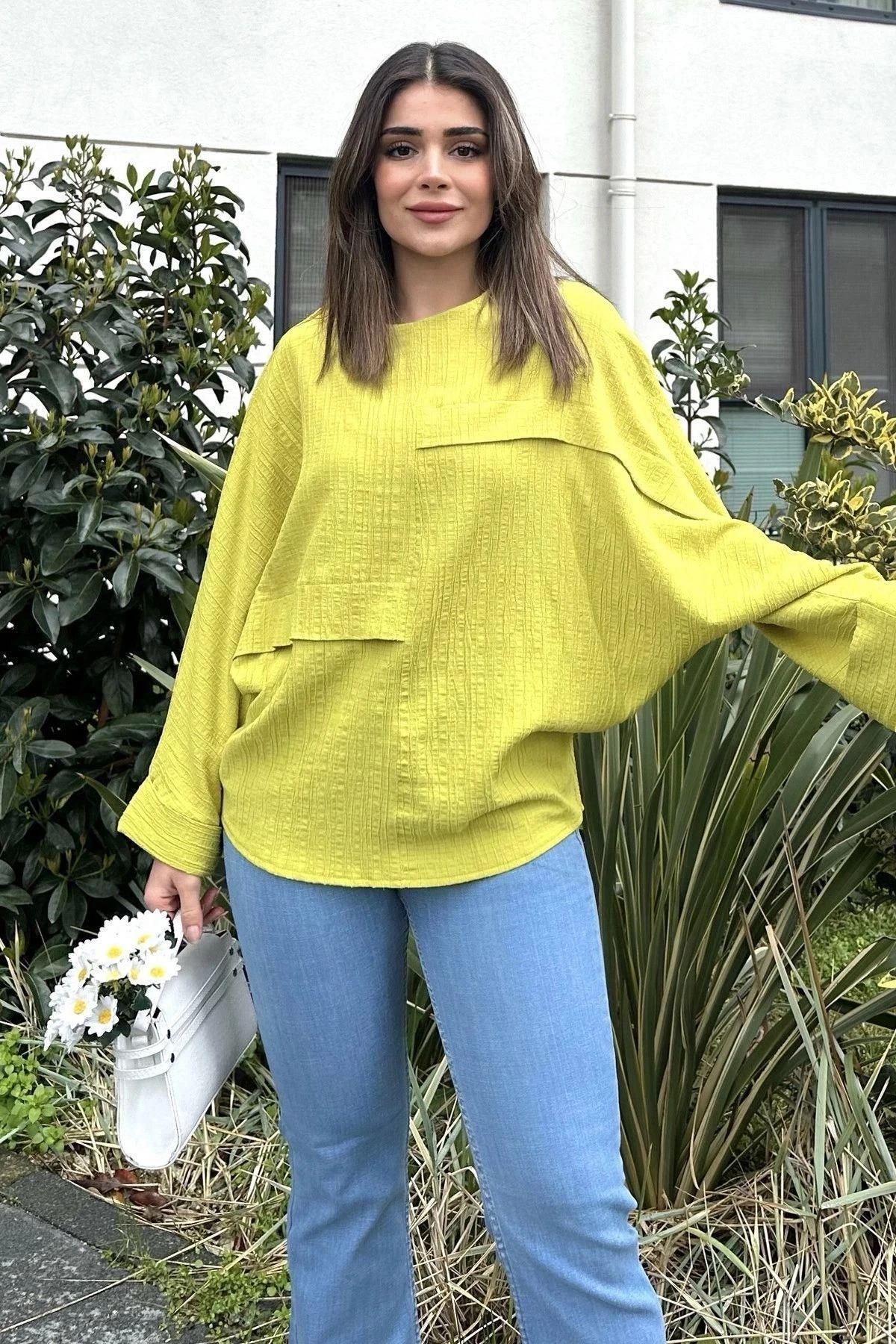 Kadın sarı Duble Geniş Manşet, Yarasa Kol, Süs Cep Detaylı, Salaş Bluz