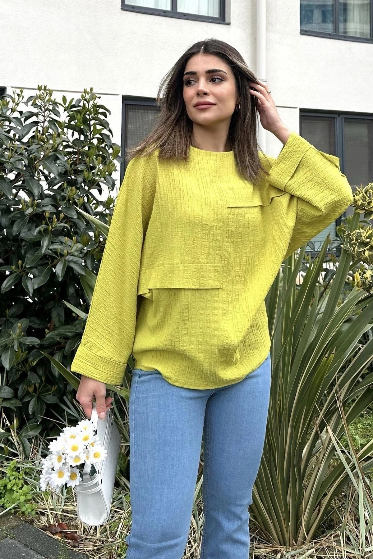 Kadın sarı Duble Geniş Manşet, Yarasa Kol, Süs Cep Detaylı, Salaş Bluz