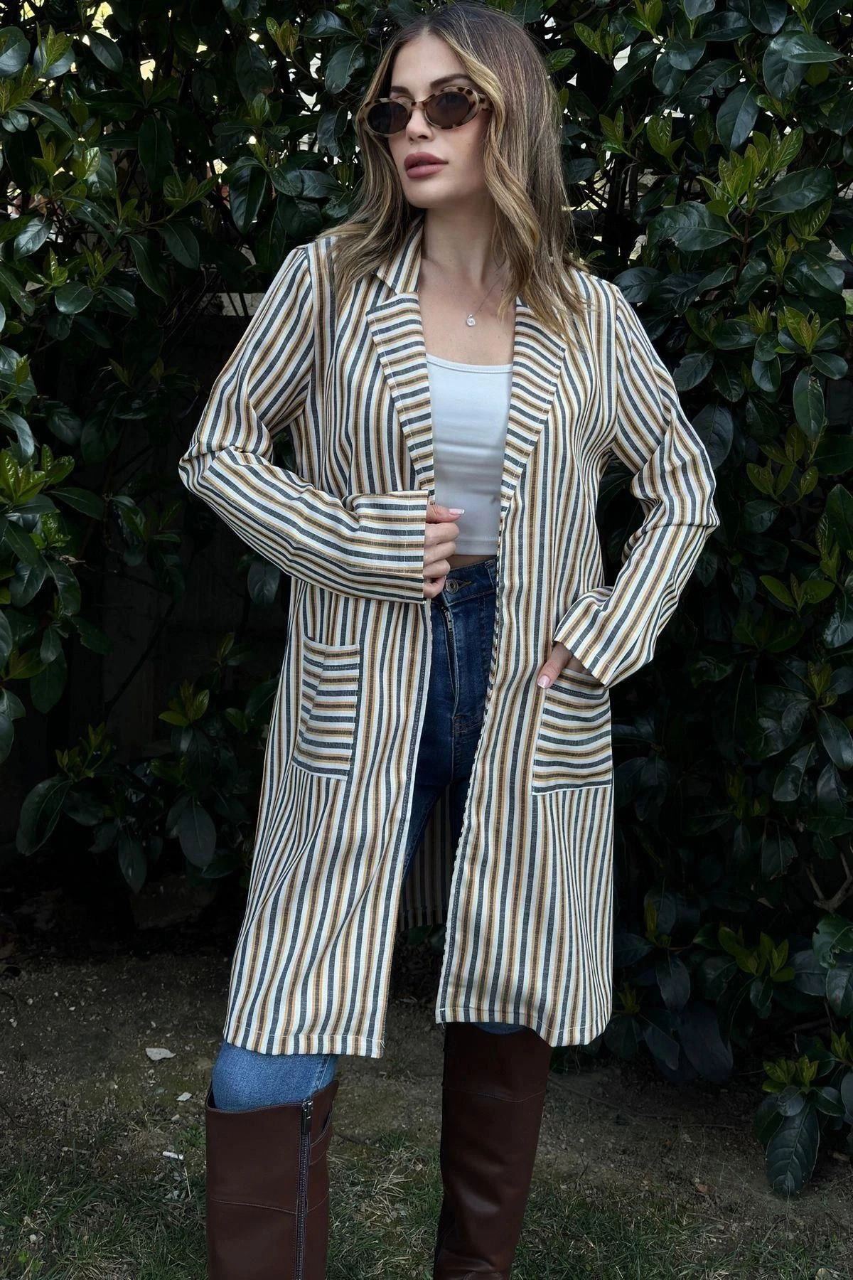 Kadın Sarı & Ekru Çizgili, Hasır İp Kemerli, İki Cepli, Uzun Keten Ceket