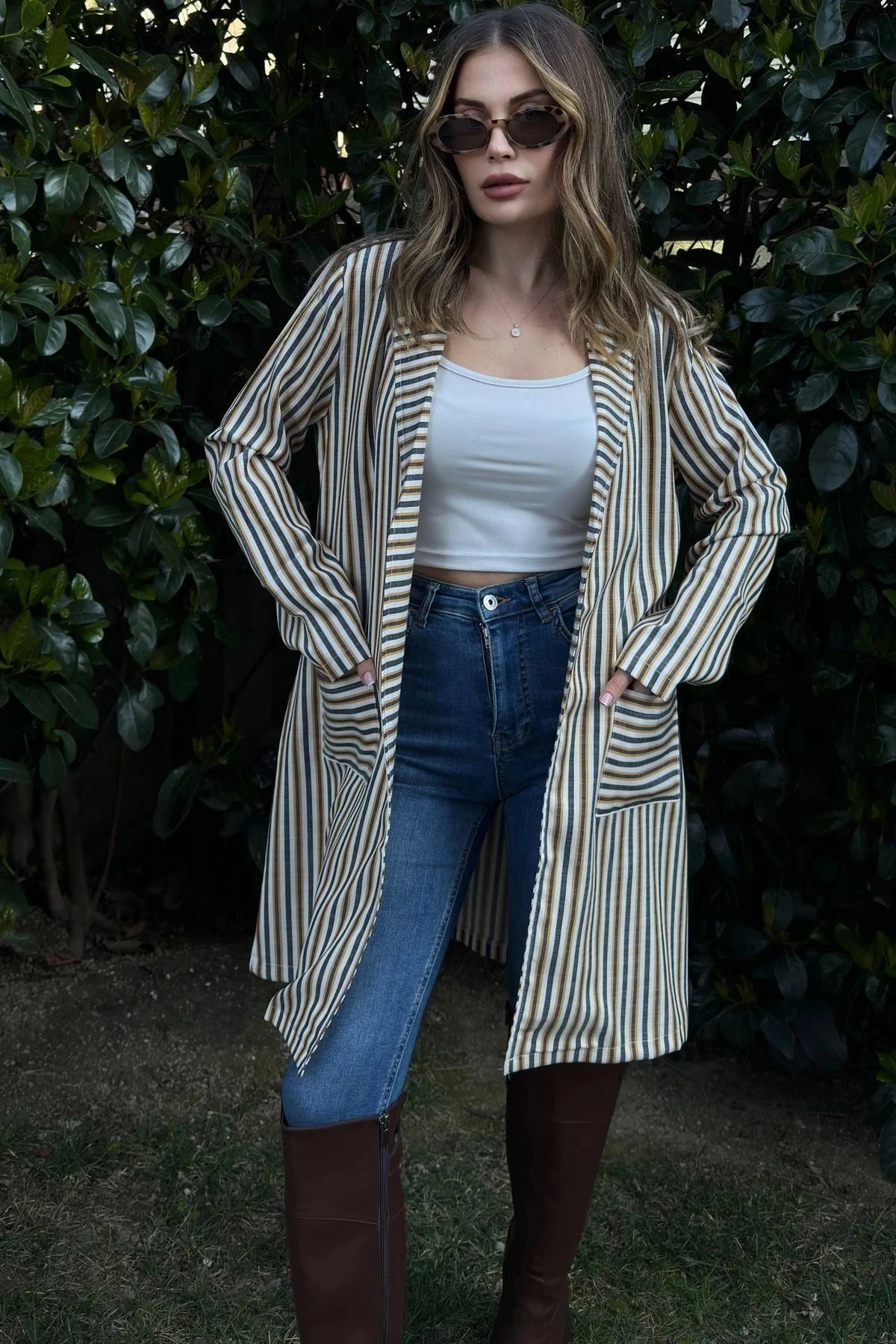 Kadın Sarı & Ekru Çizgili, Hasır İp Kemerli, İki Cepli, Uzun Keten Ceket