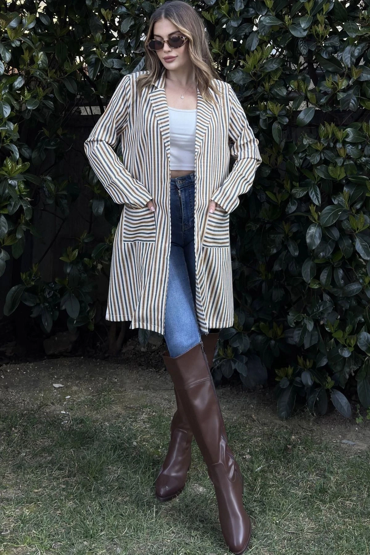 Kadın Sarı & Ekru Çizgili, Hasır İp Kemerli, İki Cepli, Uzun Keten Ceket