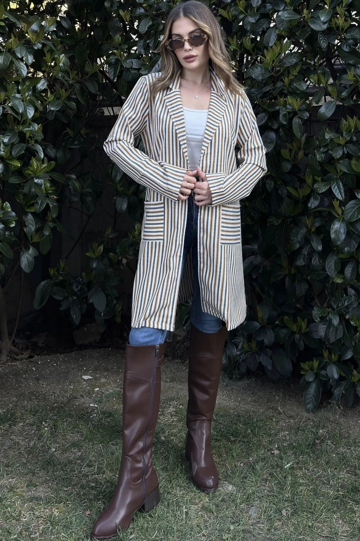 Kadın Sarı & Ekru Çizgili, Hasır İp Kemerli, İki Cepli, Uzun Keten Ceket