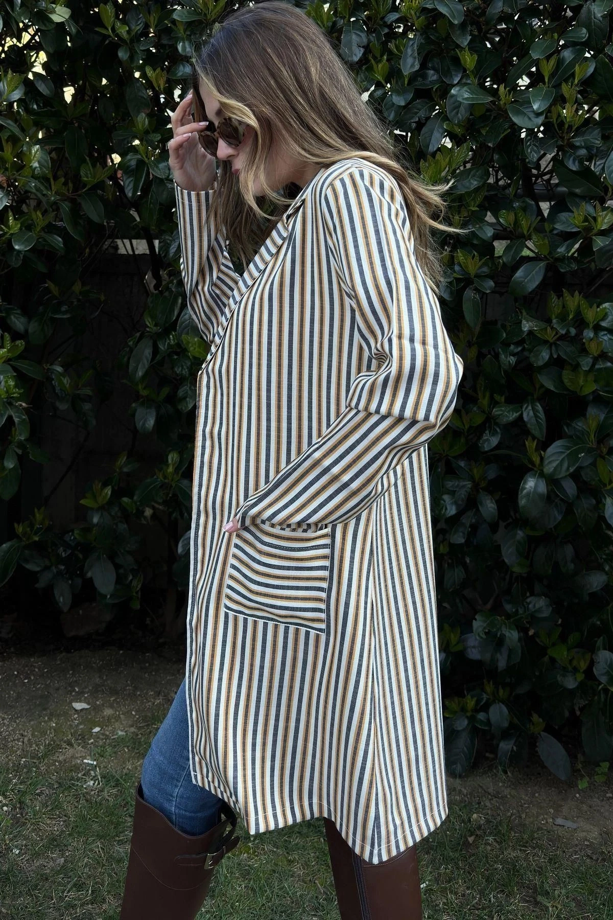 Kadın Sarı & Ekru Çizgili, Hasır İp Kemerli, İki Cepli, Uzun Keten Ceket