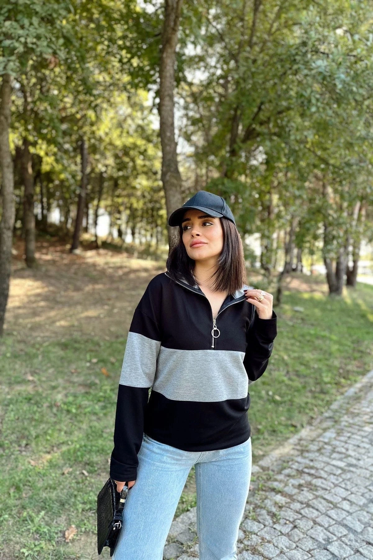 Kadın Siyah Uzun Kol, Dik Yaka, Fermuarlı, Double Color Block Basic Sweatshirt Bluz