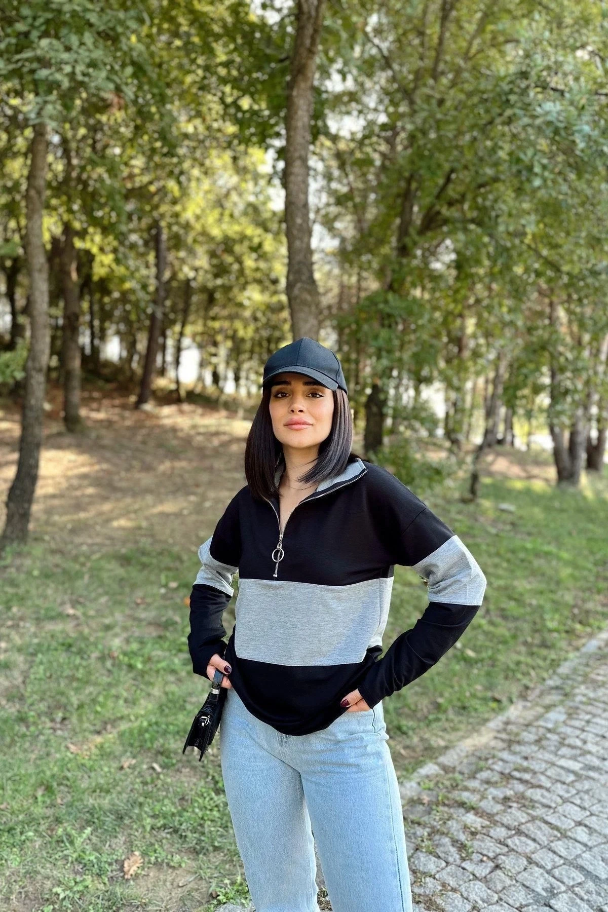 Kadın Siyah Uzun Kol, Dik Yaka, Fermuarlı, Double Color Block Basic Sweatshirt Bluz