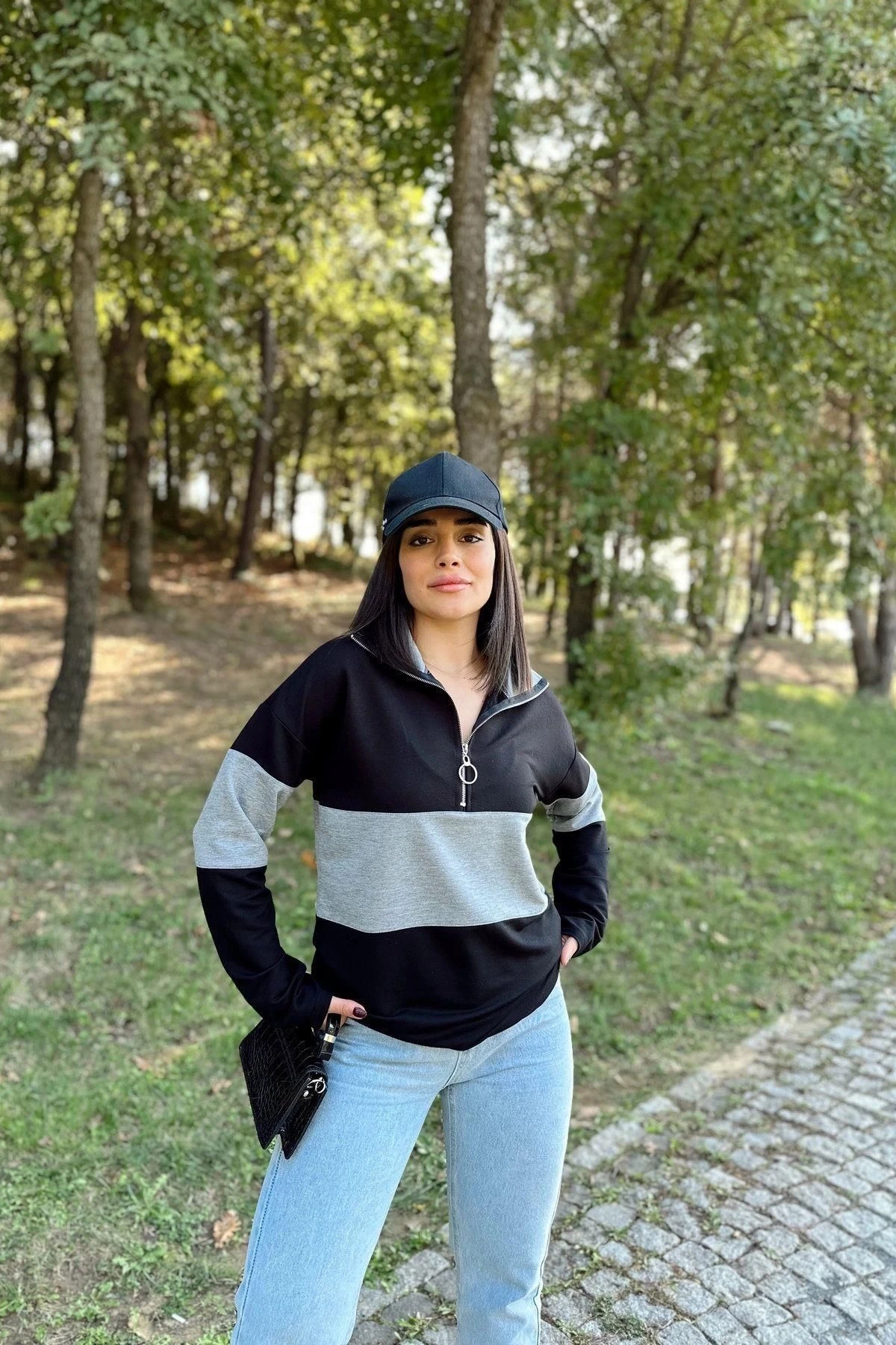 Kadın Siyah Uzun Kol, Dik Yaka, Fermuarlı, Double Color Block Basic Sweatshirt Bluz