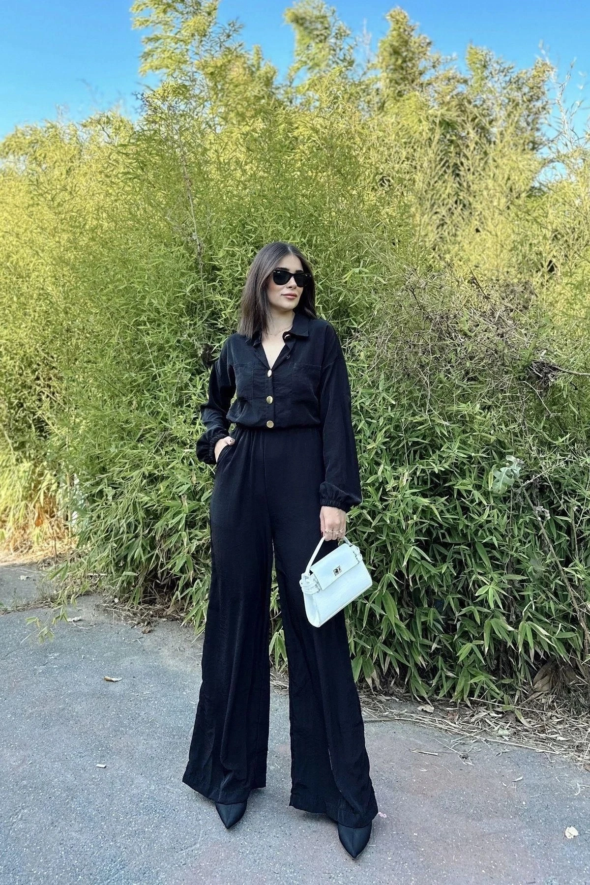 Kadın Siyah Uzun Kol, Gömlek Yaka, Beli Lastikli, 4 Cepli, Bilekleri Lastikli, Salaş Tulum