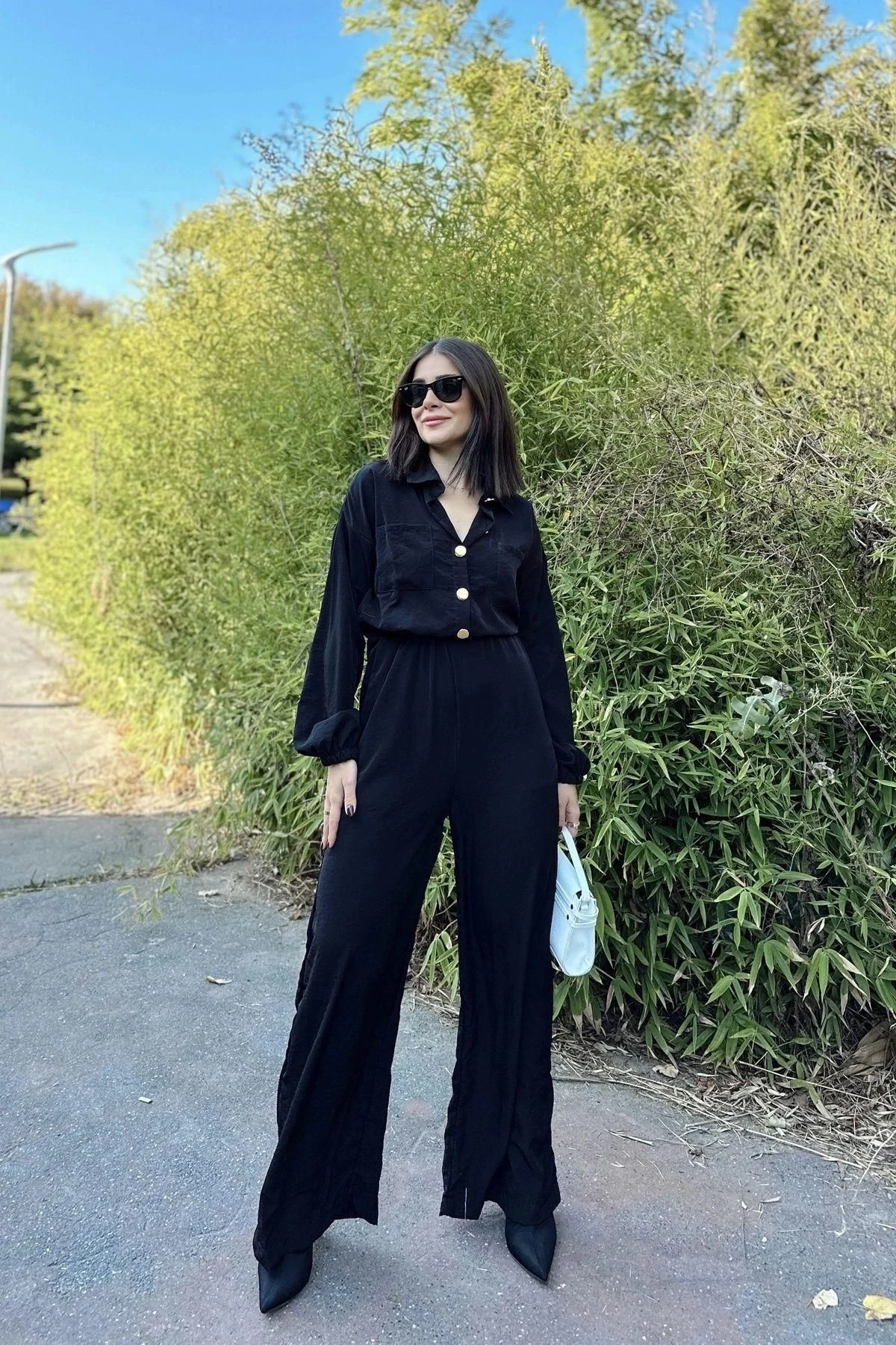 Kadın Siyah Uzun Kol, Gömlek Yaka, Beli Lastikli, 4 Cepli, Bilekleri Lastikli, Salaş Tulum