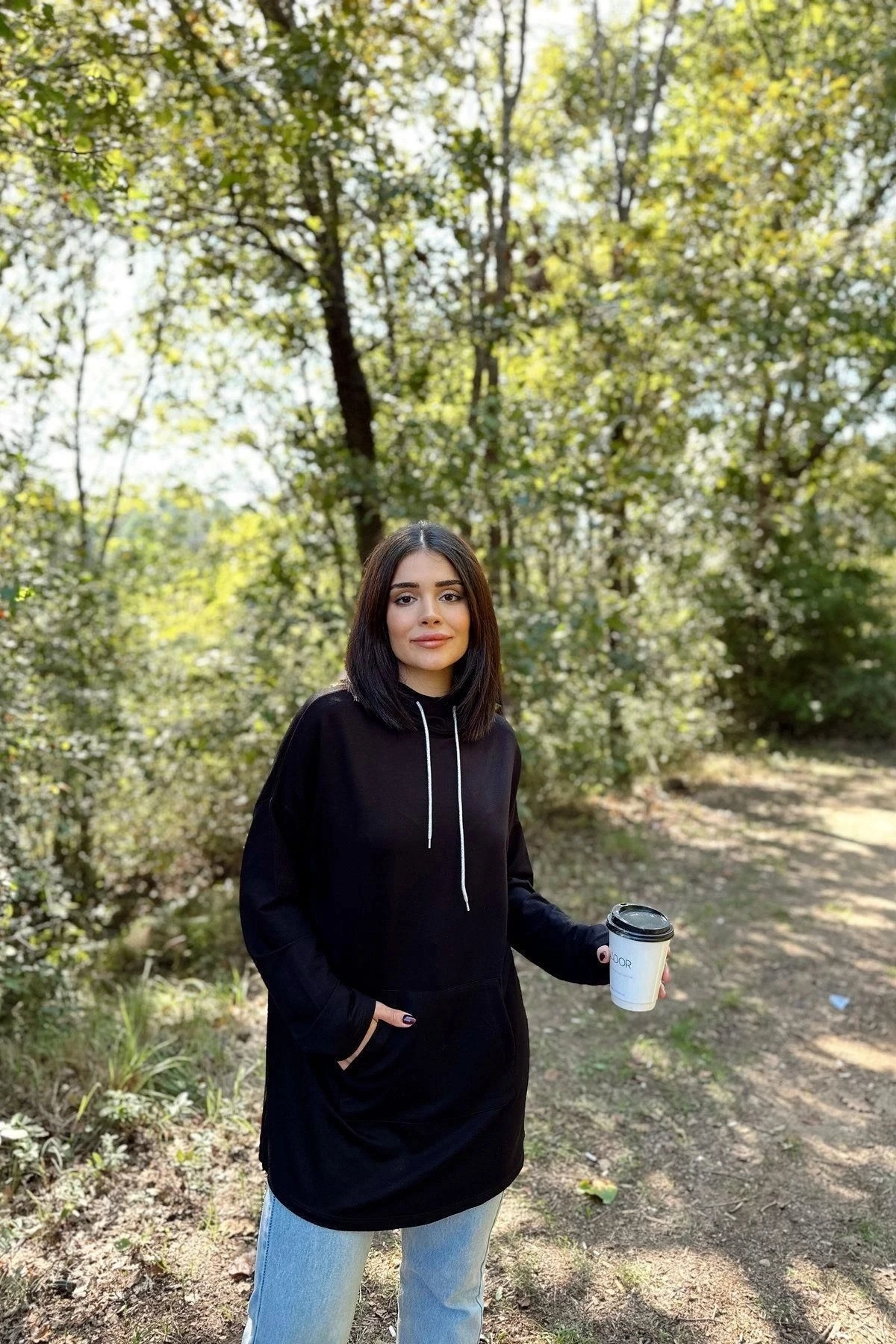 Kadın Siyah Uzun Kol, Yakası Bağcıklı, Kapüşonlu, Kanguru Cep, Salaş, Uzun Tunik Sweatshirt