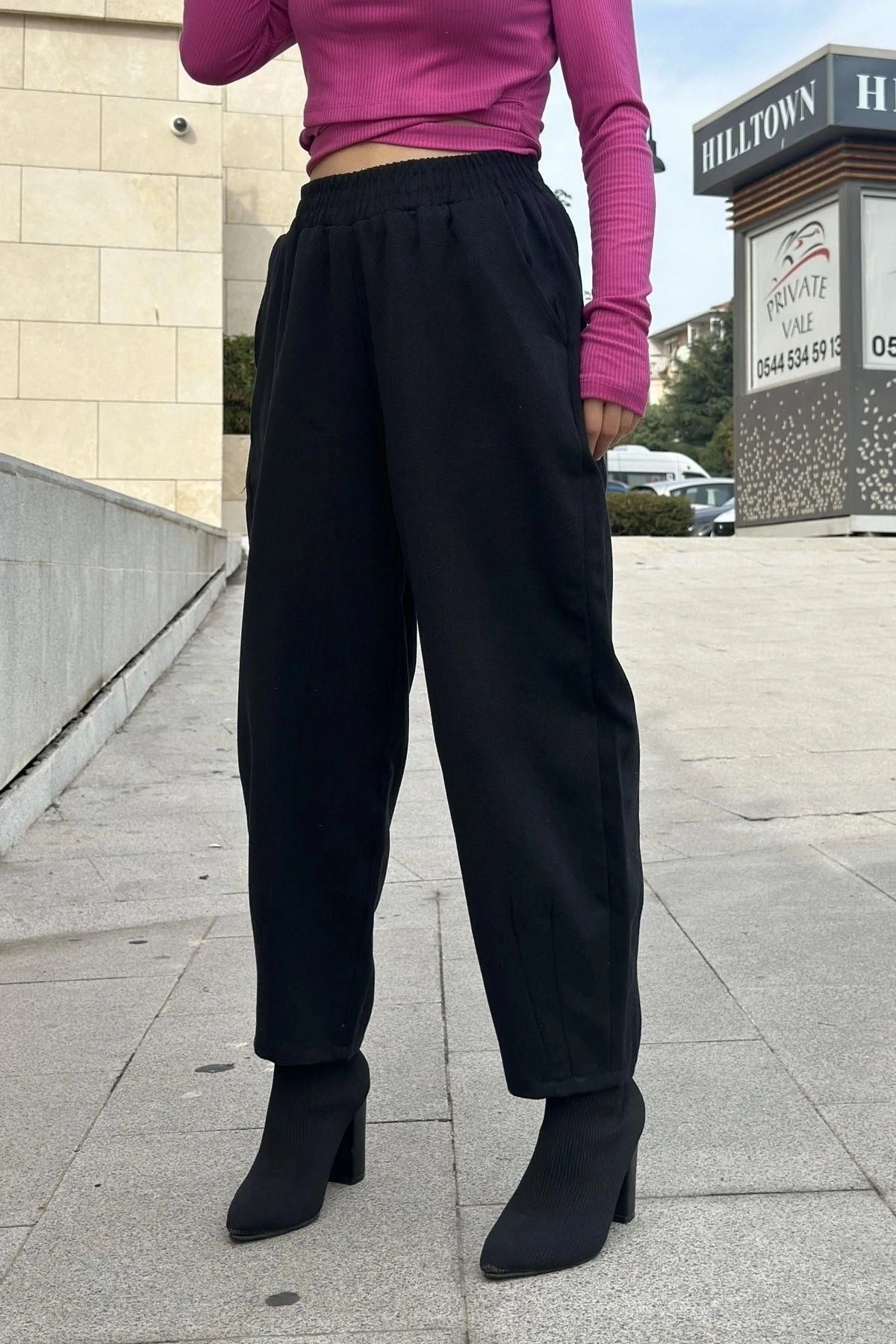 Kadın Siyah Yüksek Bel, Cepli, Beli Lastikli, Salaş Gabardin Pantolon