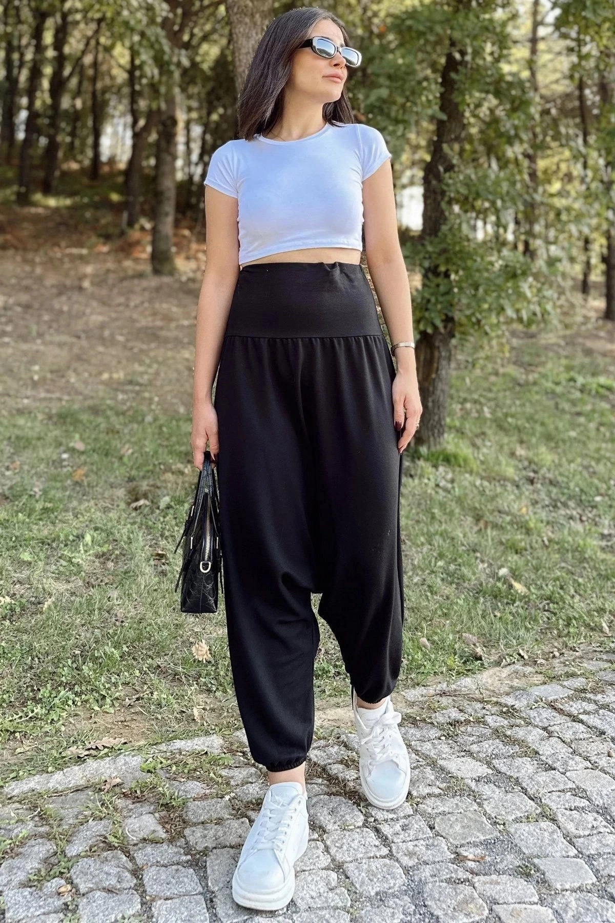 Kadın Siyah Yüksek Bel, Paçası Lastikli, Salaş Örme Şalvar Pantolon