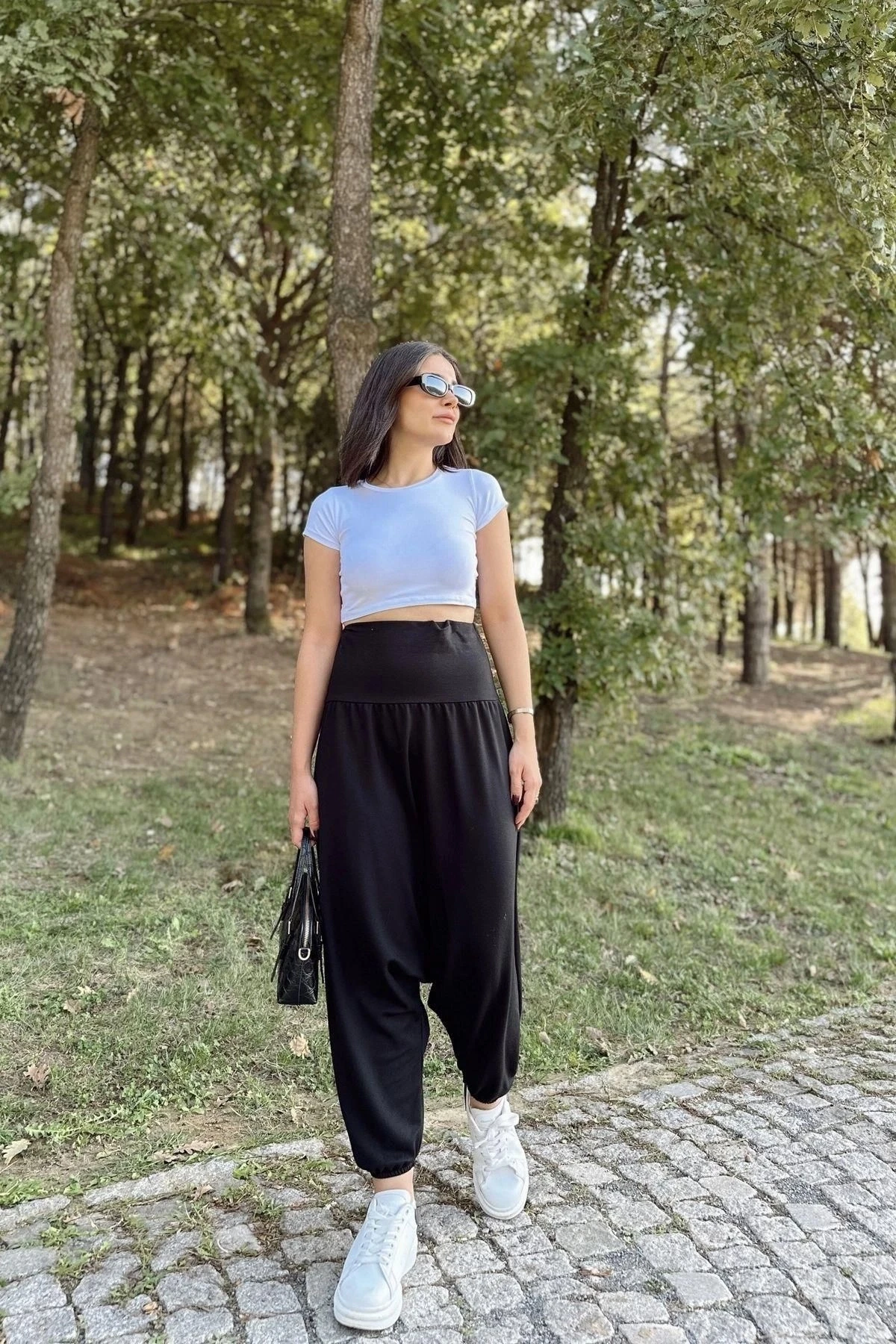 Kadın Siyah Yüksek Bel, Paçası Lastikli, Salaş Örme Şalvar Pantolon