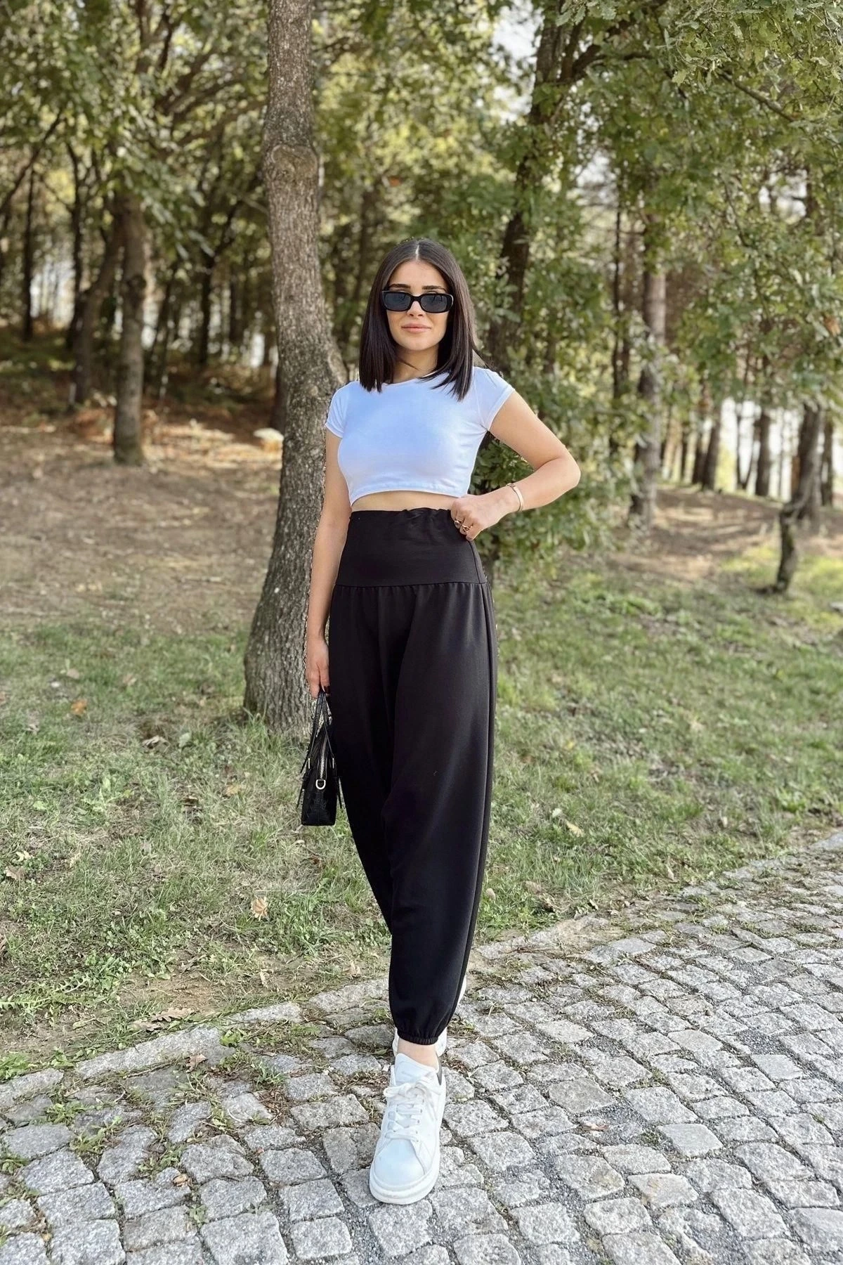 Kadın Siyah Yüksek Bel, Paçası Lastikli, Salaş Örme Şalvar Pantolon