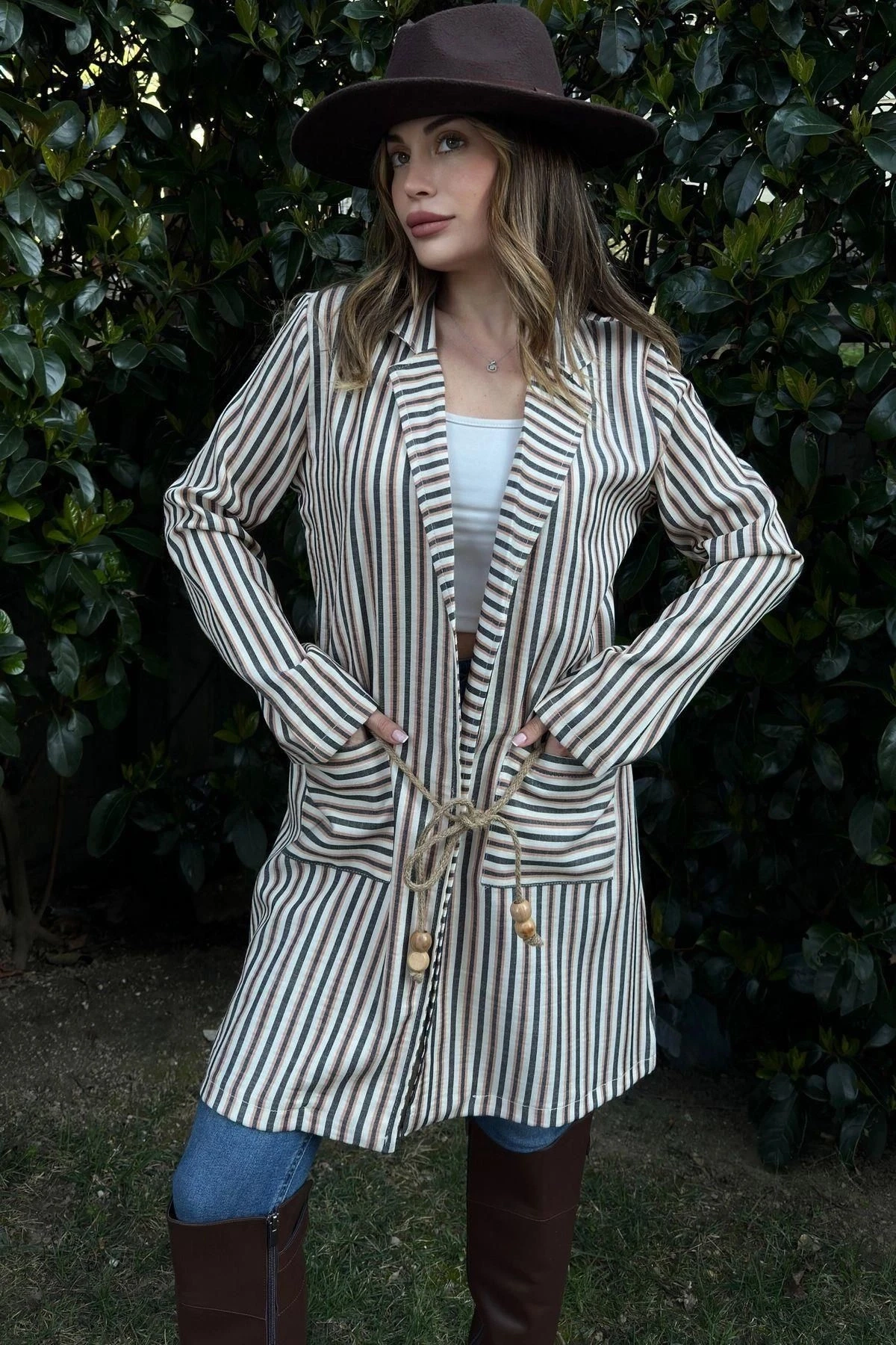 Kadın Somon & Ekru Çizgili, Hasır İp Kemerli, İki Cepli, Uzun Keten Ceket
