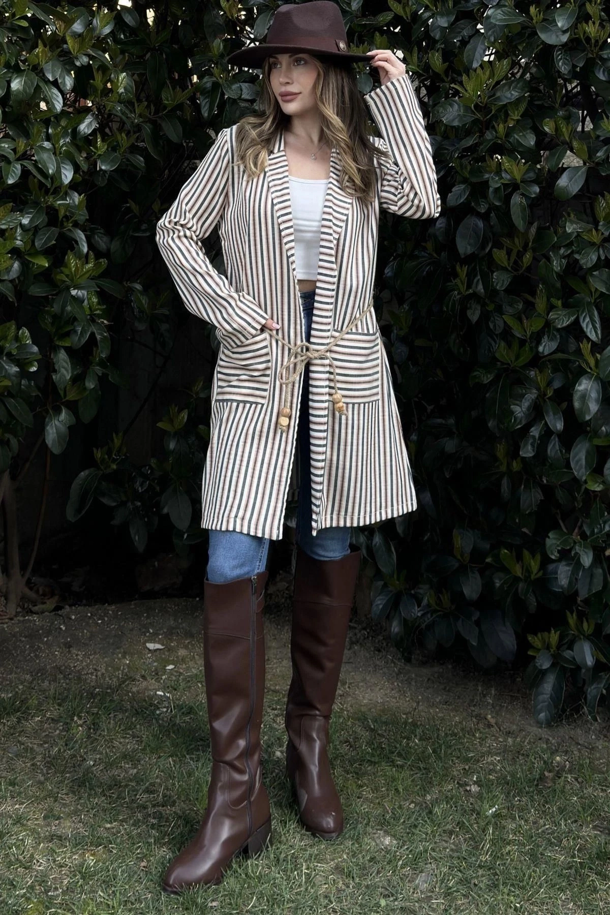 Kadın Somon & Ekru Çizgili, Hasır İp Kemerli, İki Cepli, Uzun Keten Ceket