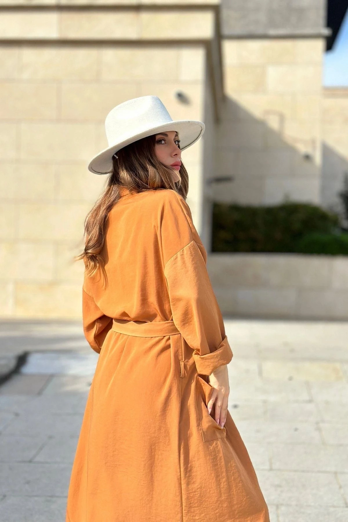 Kadın Taba Çift Cepli Uzun Kimono & Bol Paça Pantolon - Salaş Alt & Üst Takım