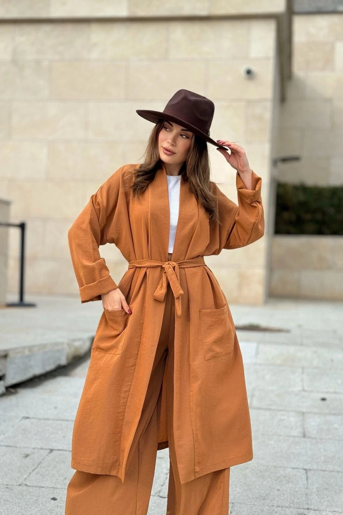 Kadın Taba Çift Cepli Uzun Kimono & Bol Paça Pantolon - Salaş Alt & Üst Takım