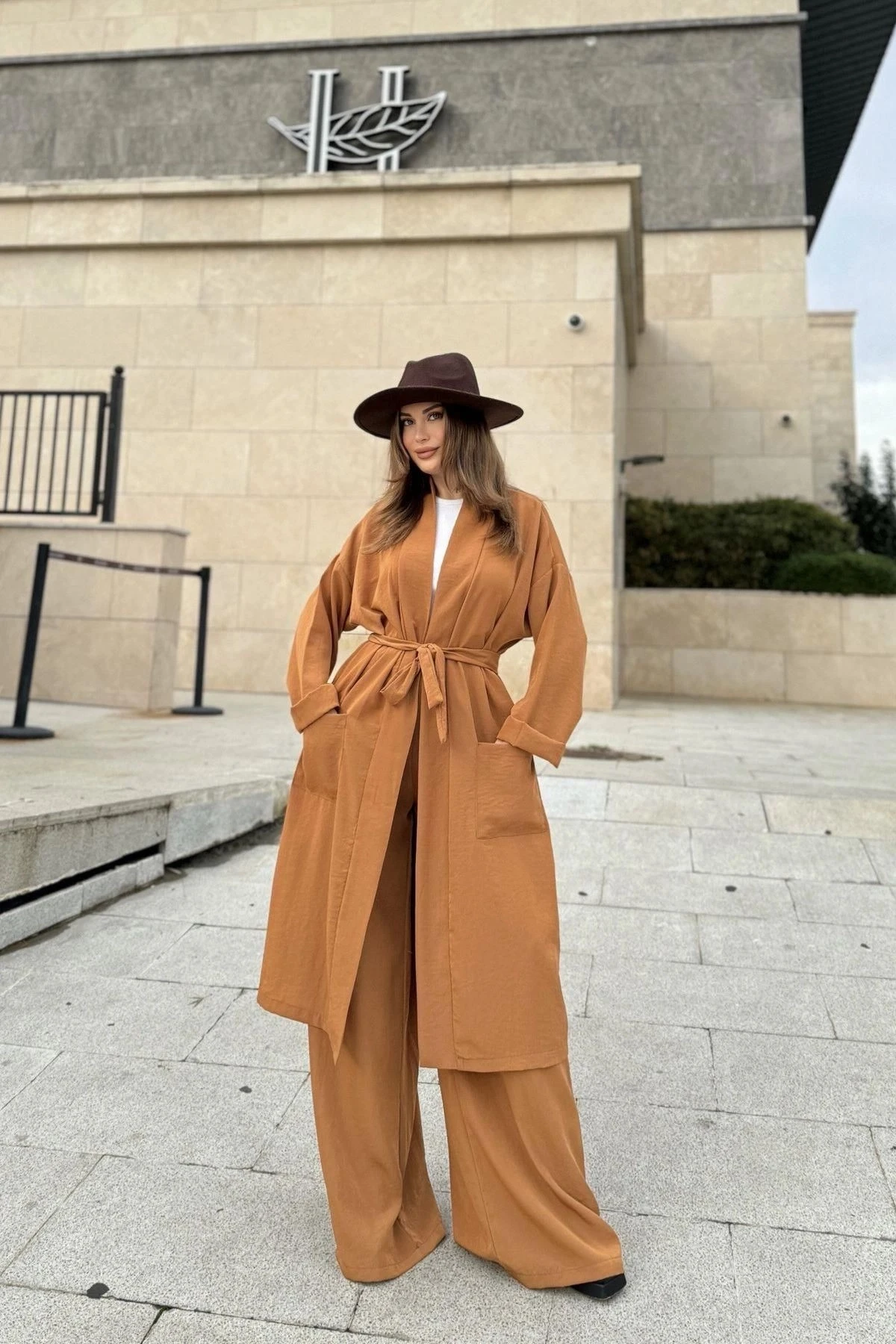 Kadın Taba Çift Cepli Uzun Kimono & Bol Paça Pantolon - Salaş Alt & Üst Takım