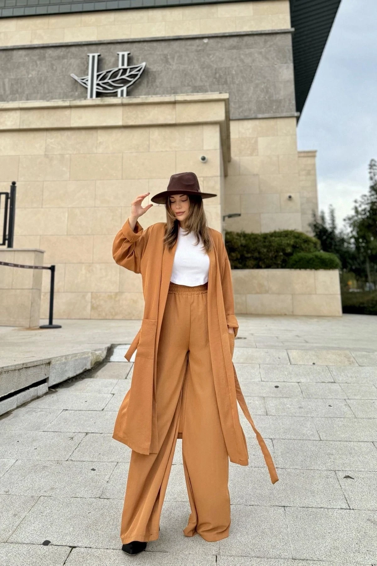 Kadın Taba Çift Cepli Uzun Kimono & Bol Paça Pantolon - Salaş Alt & Üst Takım