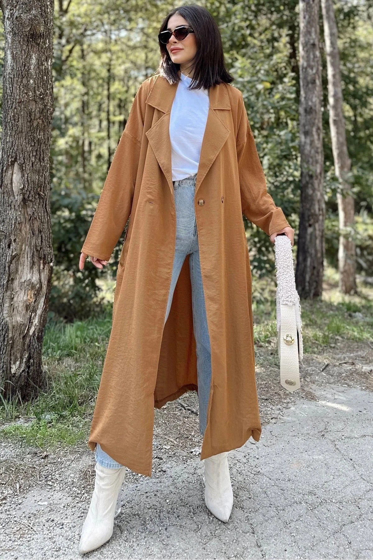 Kadın Taba Kruvaze Yaka, Kemerli, Cepli, Salaş Kesim Uzun Trençkot