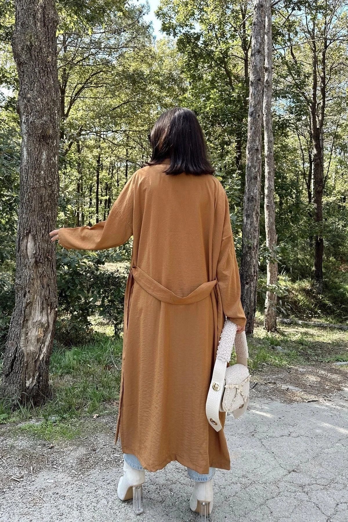 Kadın Taba Kruvaze Yaka, Kemerli, Cepli, Salaş Kesim Uzun Trençkot