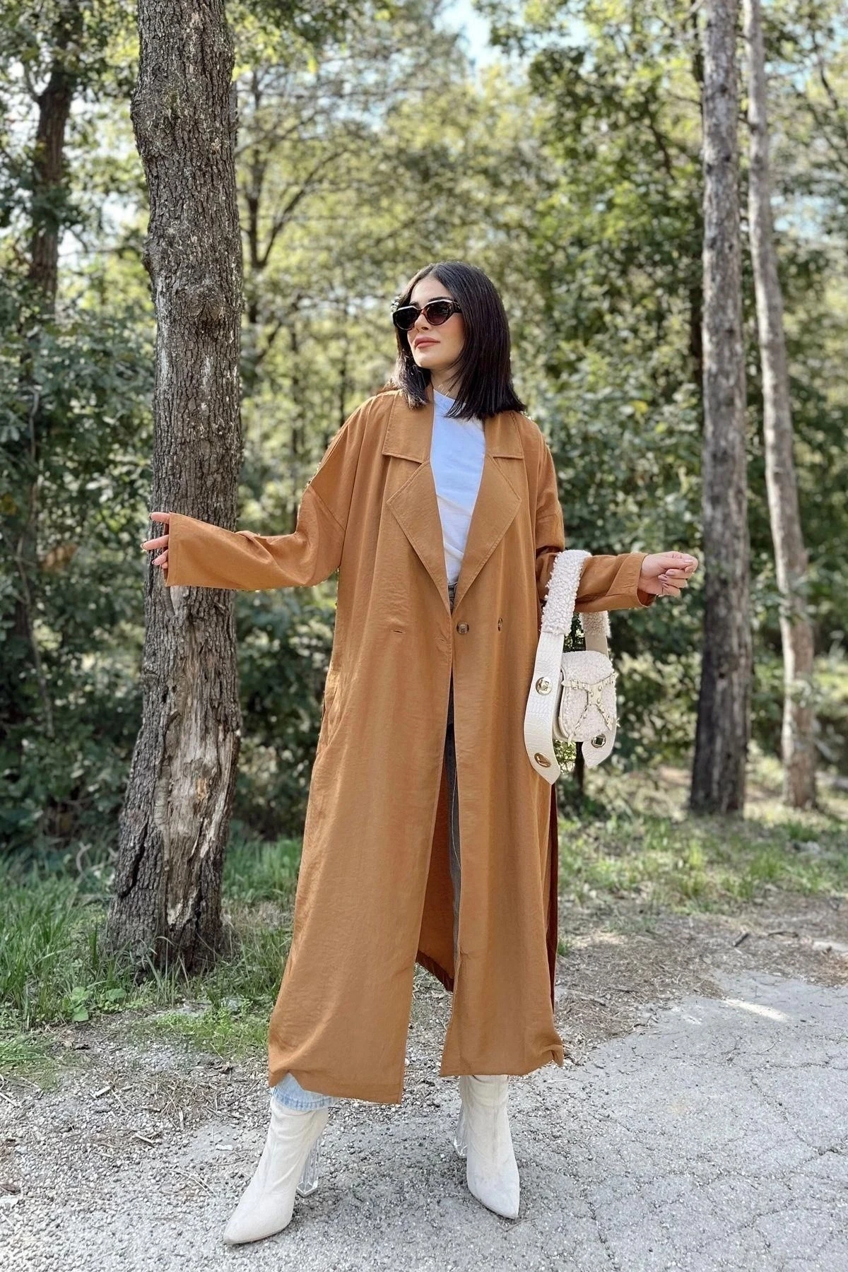 Kadın Taba Kruvaze Yaka, Kemerli, Cepli, Salaş Kesim Uzun Trençkot