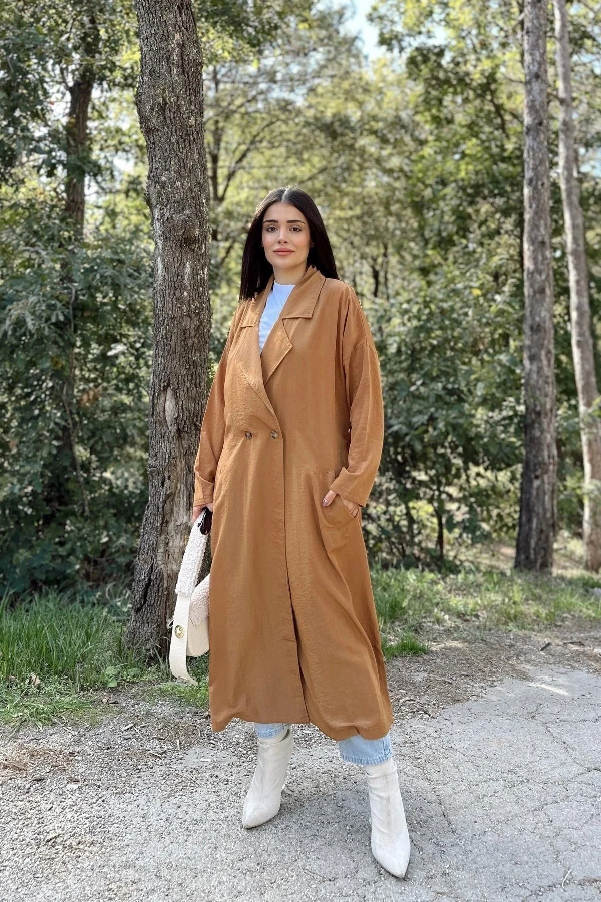 Kadın Taba Kruvaze Yaka, Kemerli, Cepli, Salaş Kesim Uzun Trençkot