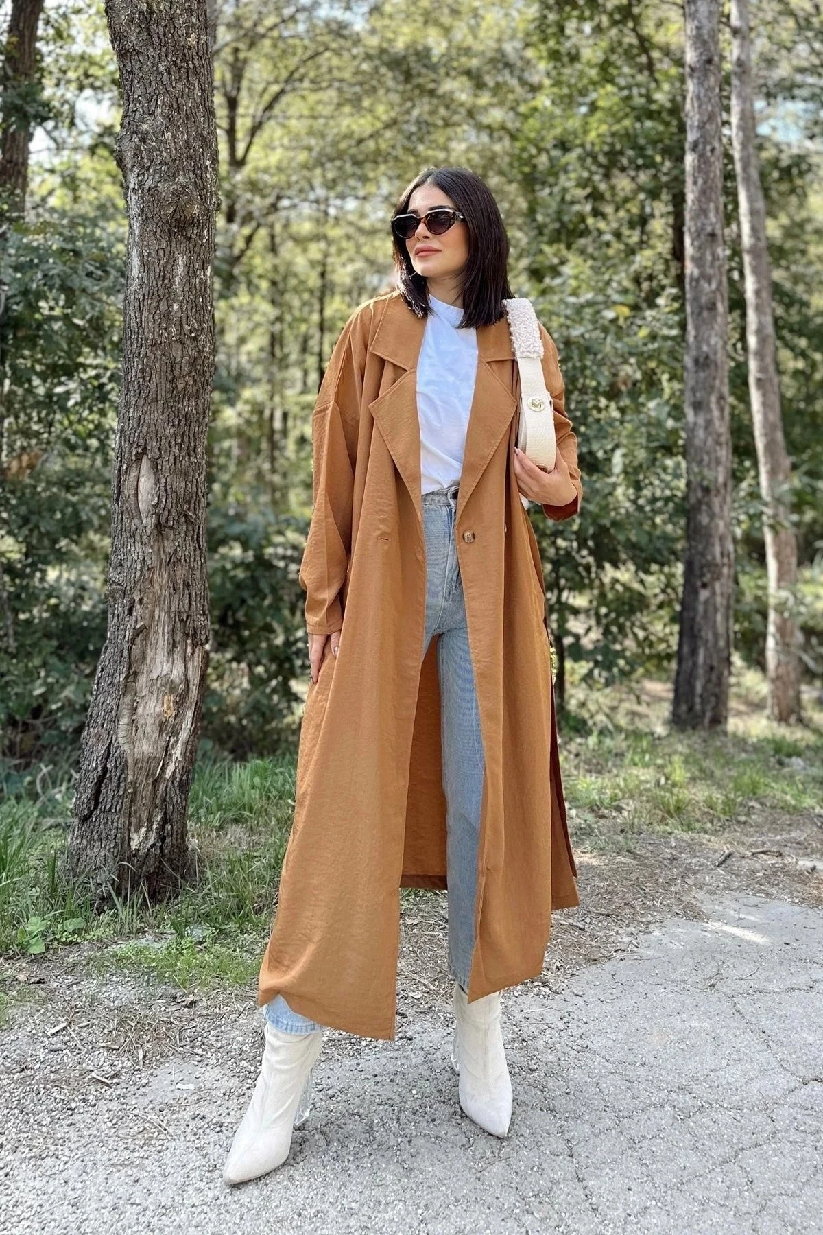 Kadın Taba Kruvaze Yaka, Kemerli, Cepli, Salaş Kesim Uzun Trençkot