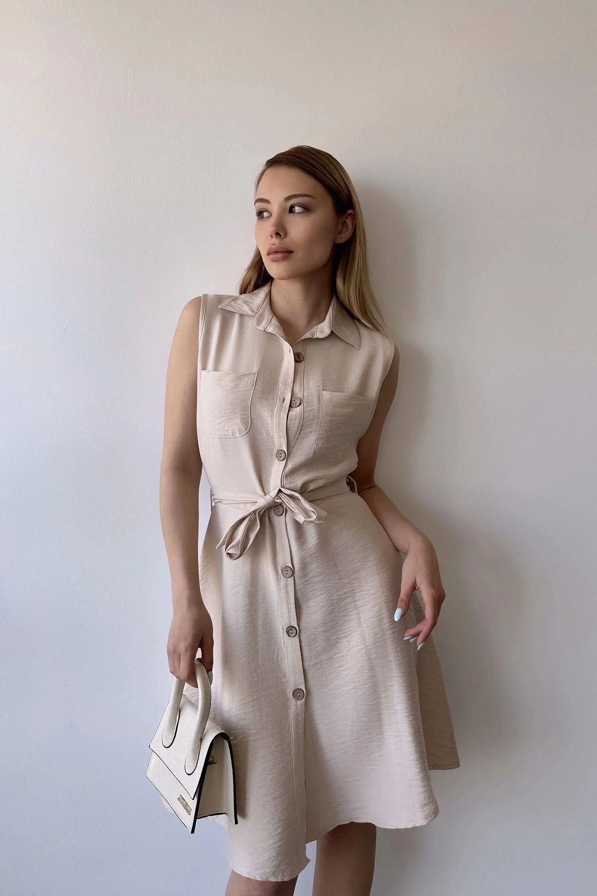 Kadın Taş Kolsuz, Gömlek Yaka, Düz Renk Desen, Çift Cep, A-line Kesim, Aerobin, Kuşaklı Midi Elbise