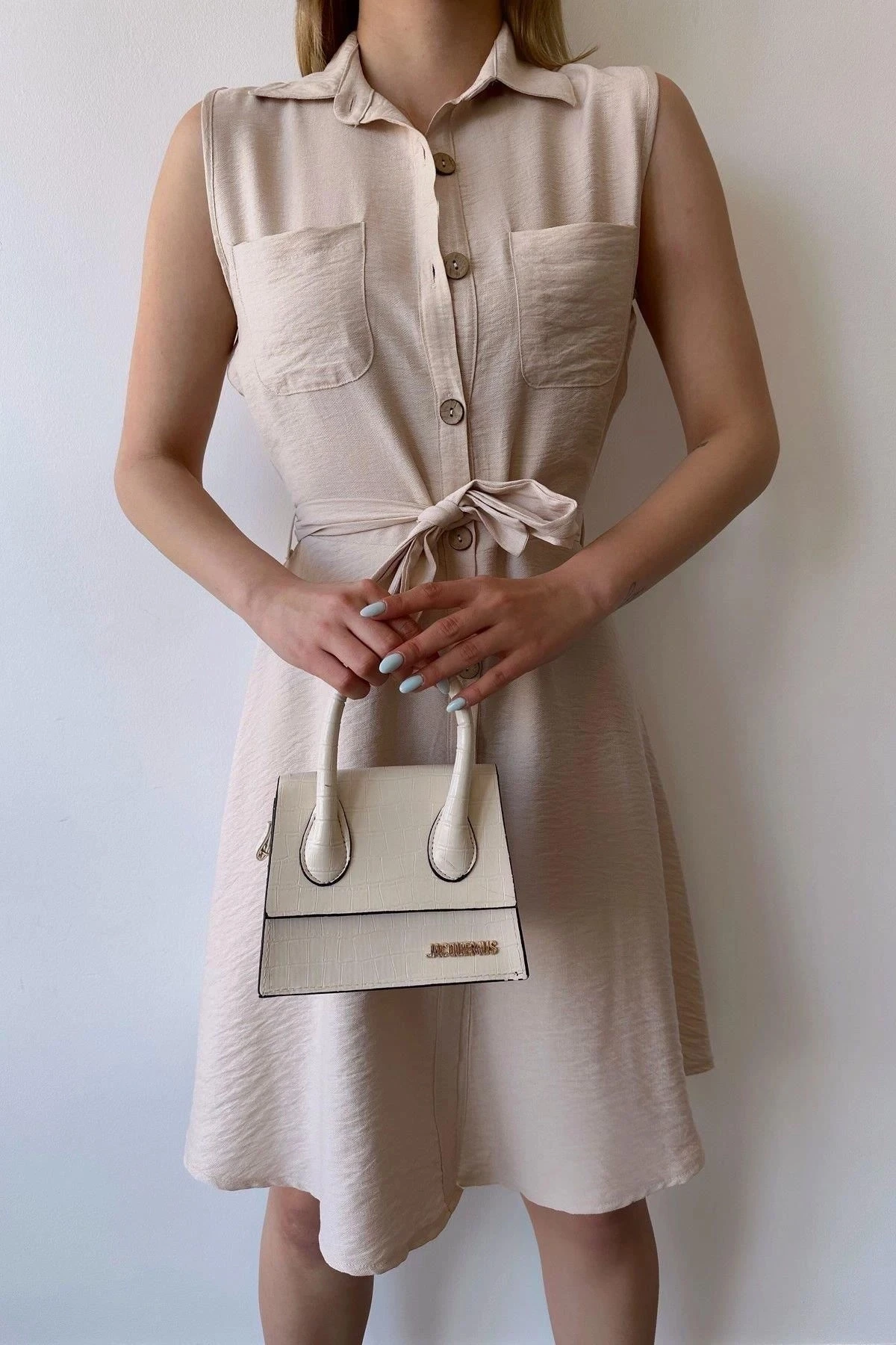 Kadın Taş Kolsuz, Gömlek Yaka, Düz Renk Desen, Çift Cep, A-line Kesim, Aerobin, Kuşaklı Midi Elbise