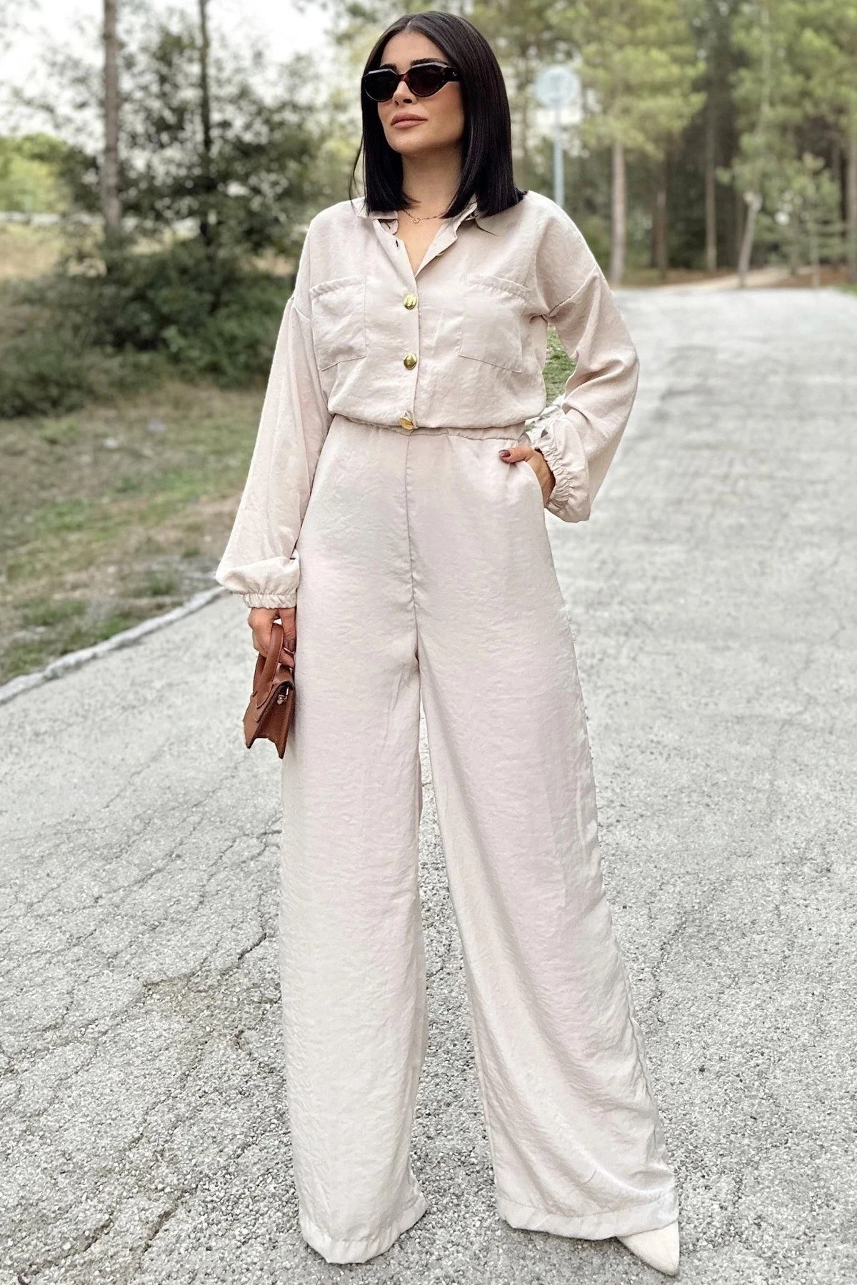 Kadın Taş Uzun Kol, Gömlek Yaka, Beli Lastikli, 4 Cepli, Bilekleri Lastikli, Salaş Tulum