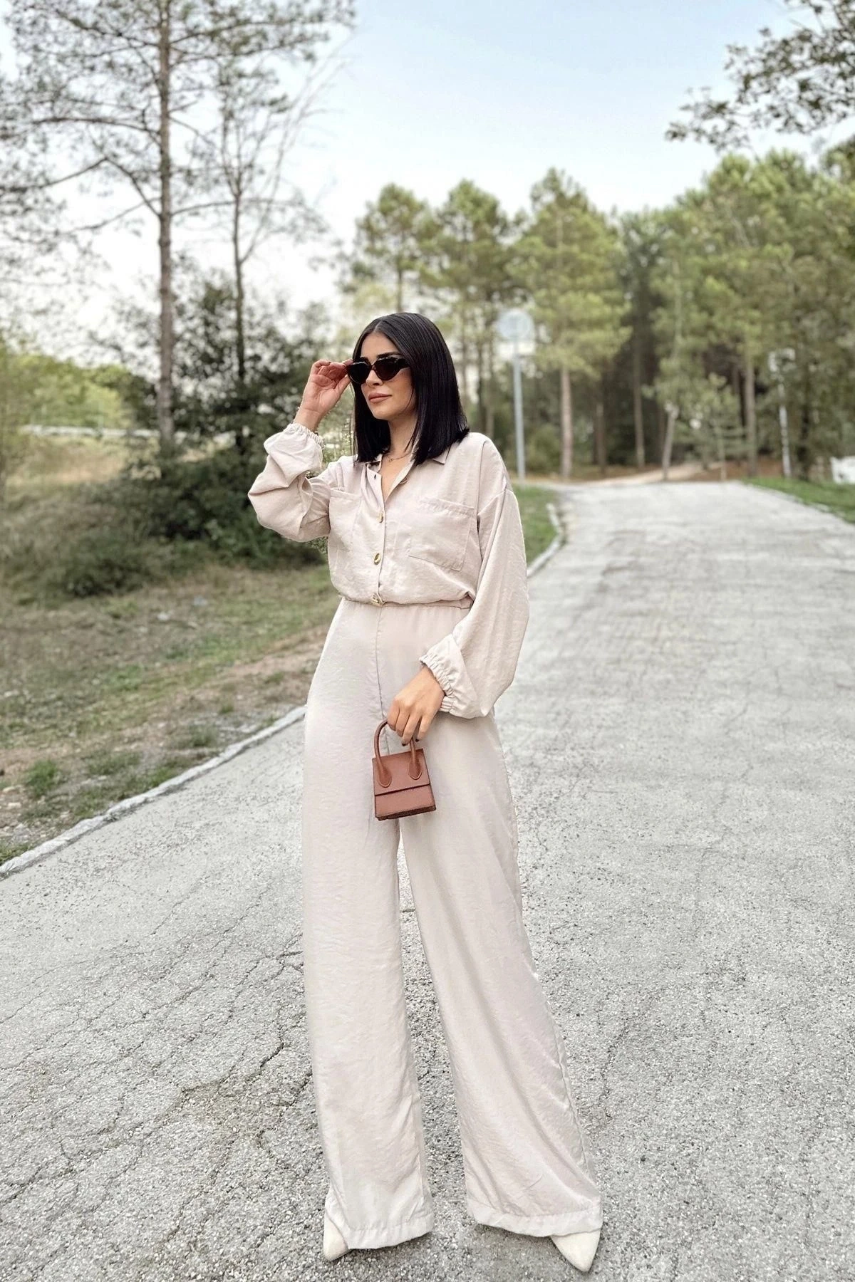 Kadın Taş Uzun Kol, Gömlek Yaka, Beli Lastikli, 4 Cepli, Bilekleri Lastikli, Salaş Tulum