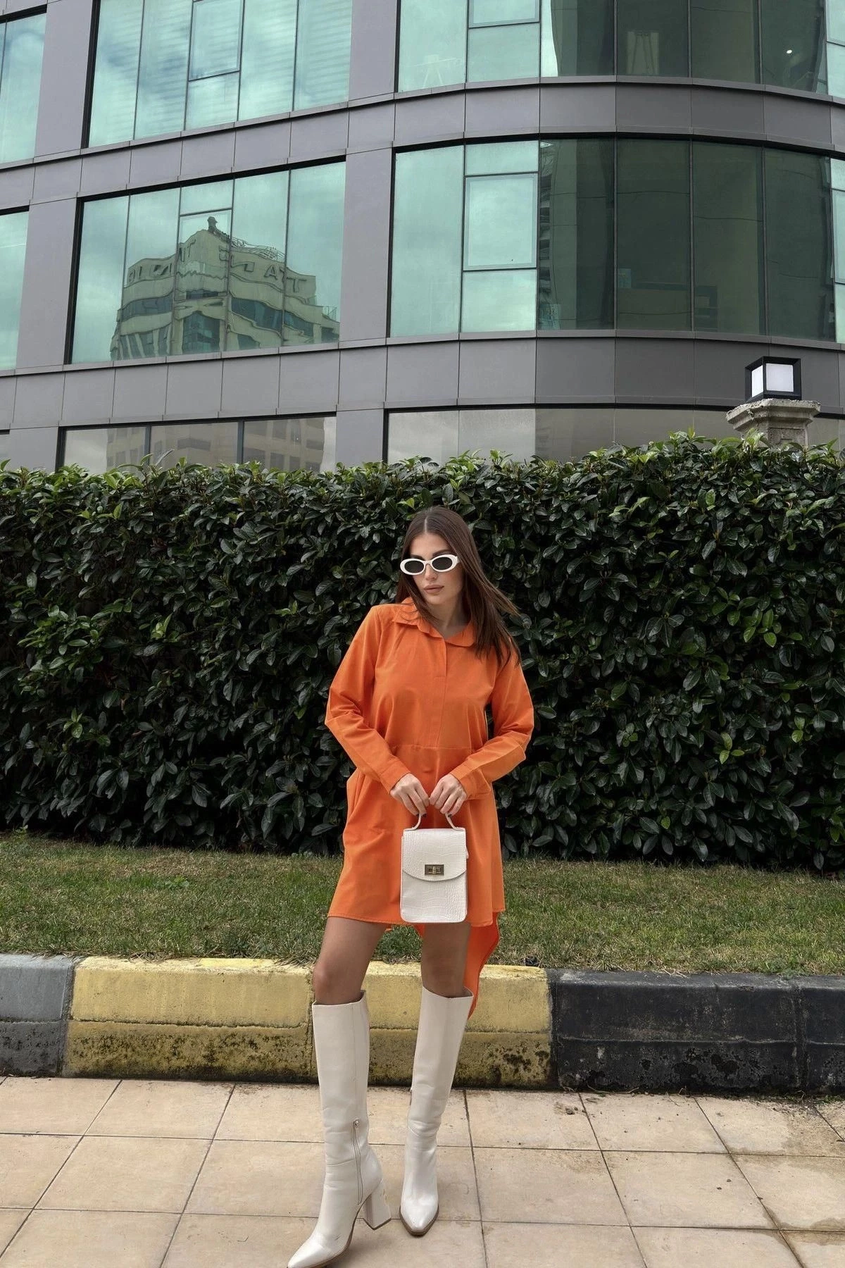 Kadın Turuncu Gömlek Yaka, Uzun Kol, Asimetrik Kesim, Salaş, Midi Tunik Elbise