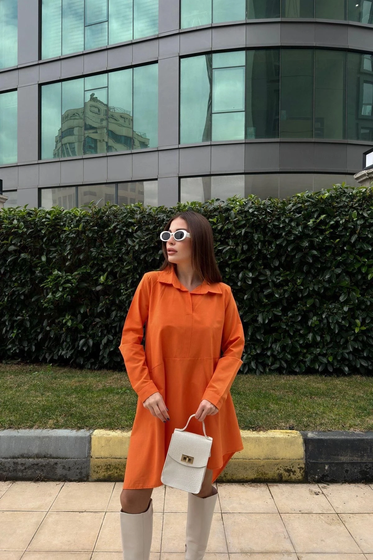 Kadın Turuncu Gömlek Yaka, Uzun Kol, Asimetrik Kesim, Salaş, Midi Tunik Elbise