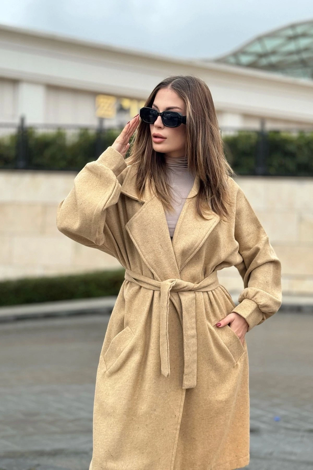 Kadın Vizon Balon Kol Beli Kemerli Midi Kaşe Kaban (Astarsız)