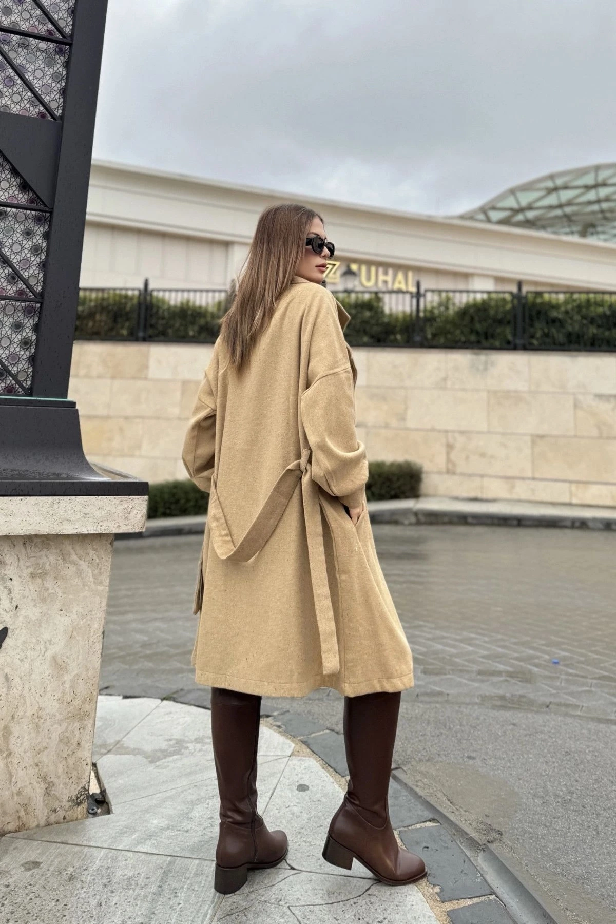 Kadın Vizon Balon Kol Beli Kemerli Midi Kaşe Kaban (Astarsız)